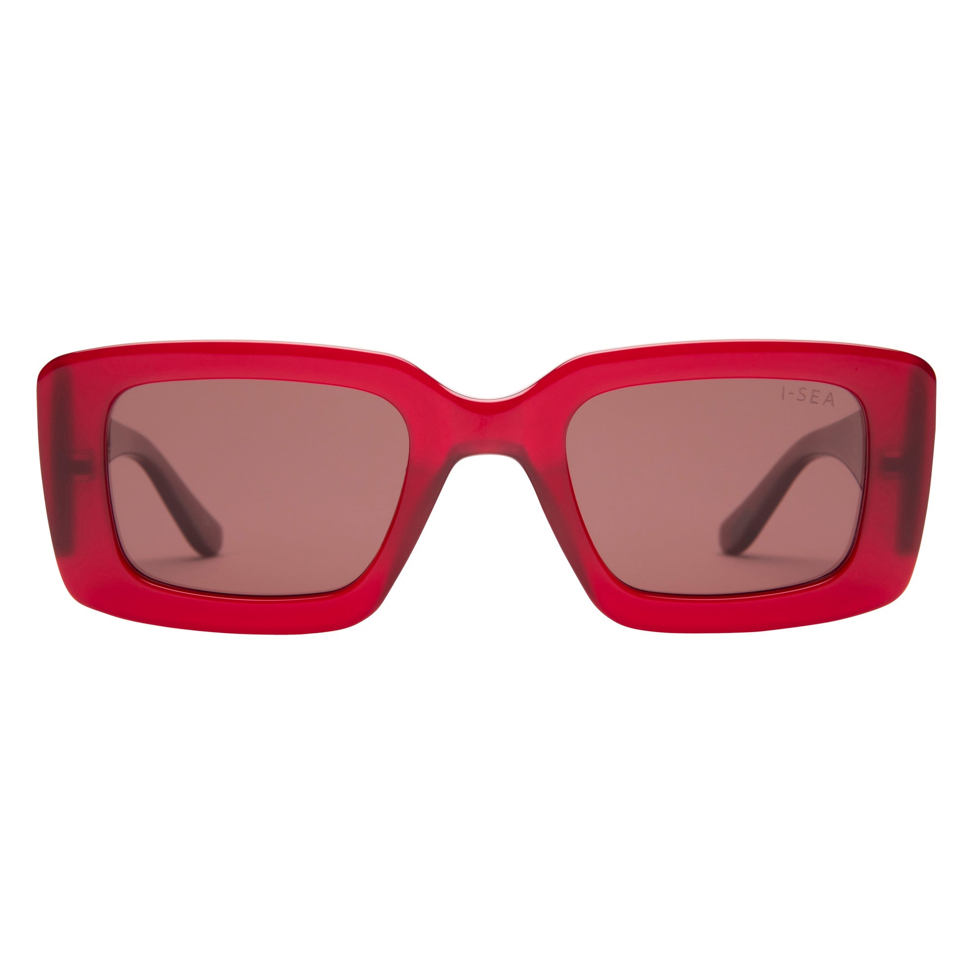 Red sunglasses with brown lenses on a white background.
RASPBERRY / PLUM POLARIZED LENS