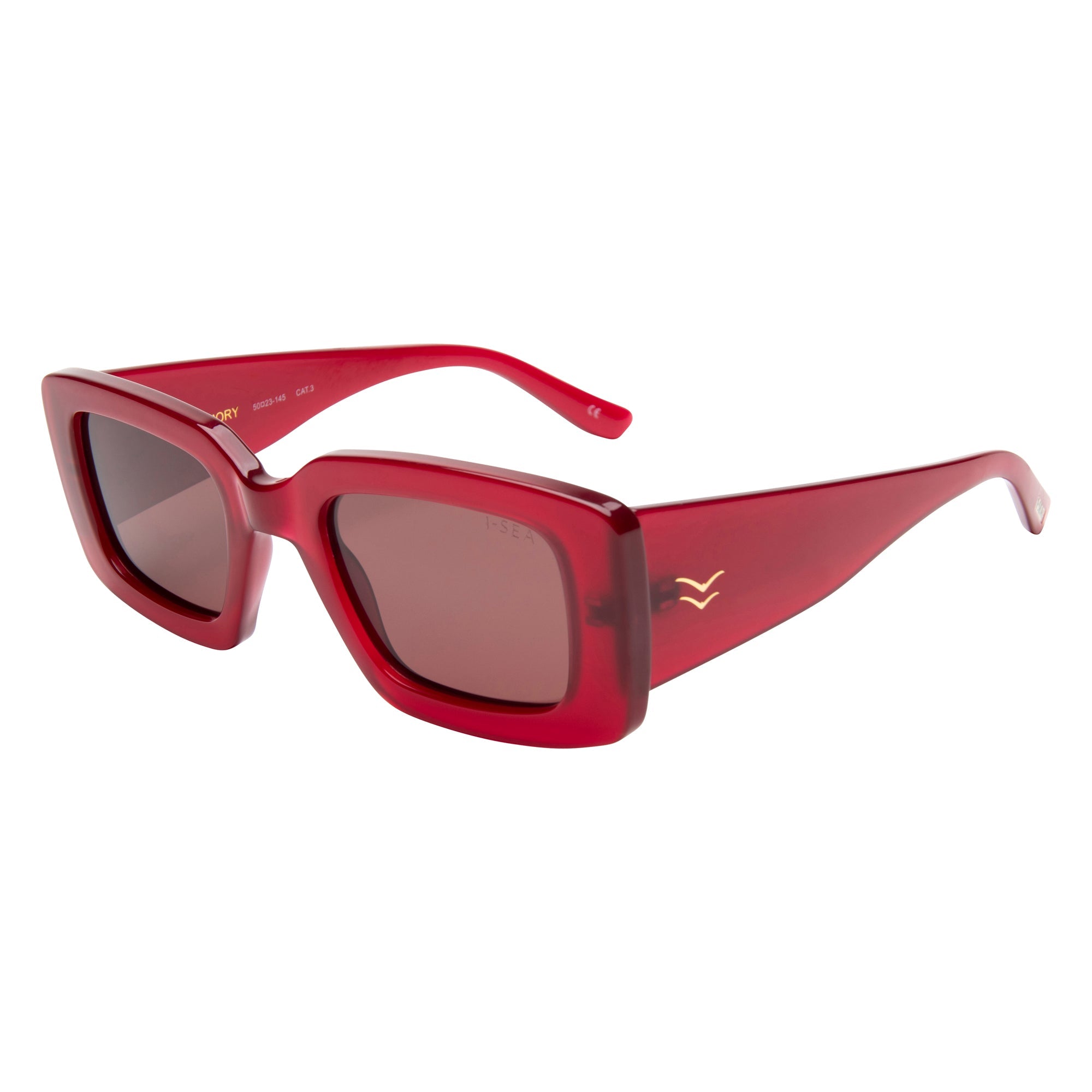 Red sunglasses with a brand logo on a white background.
RASPBERRY / PLUM POLARIZED LENS