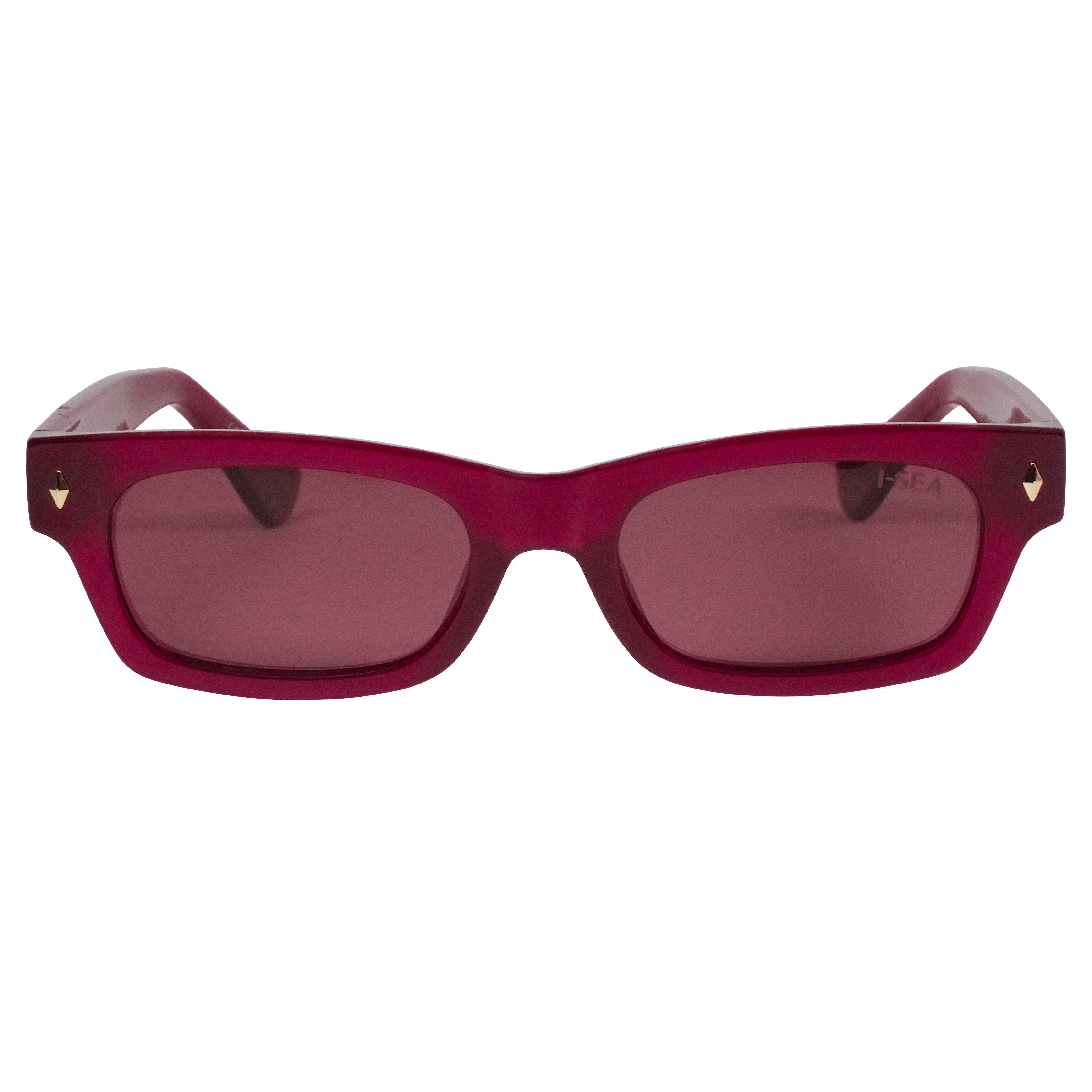 Red sunglasses with gold accents on a white background.
RASPBERRY / PLUM POLARIZED LENS