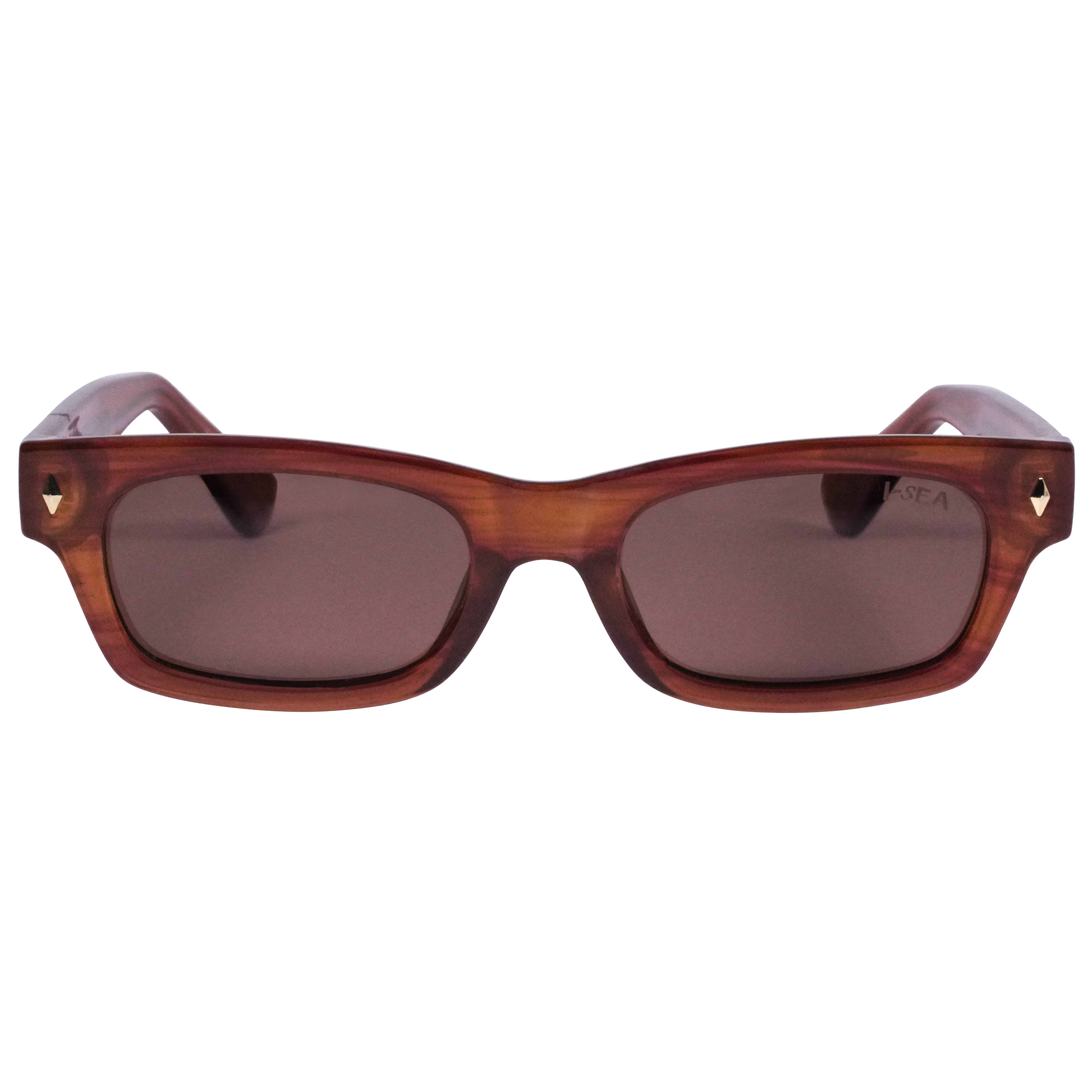 Wooden-framed sunglasses with brown lenses on a white background.
TORT / BROWN POLARIZED LENS