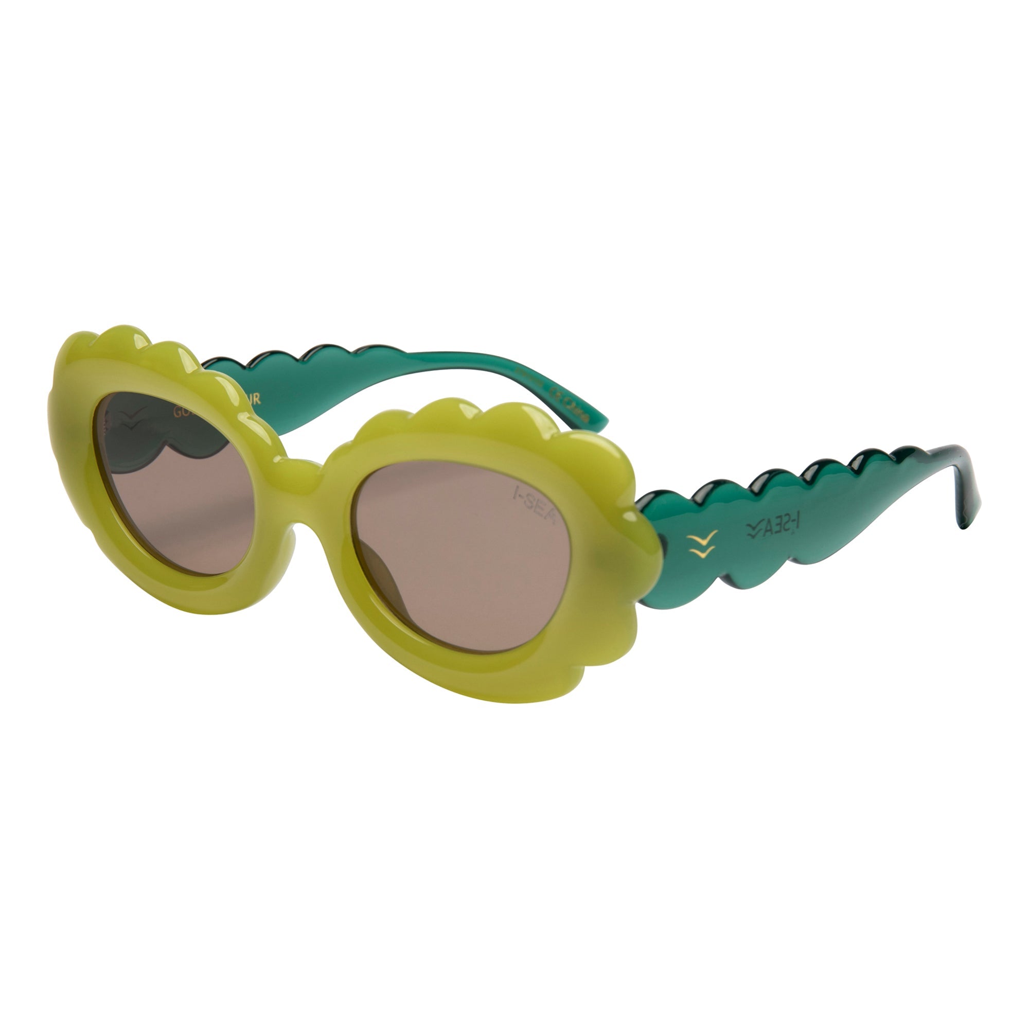 Children's sunglasses with yellow frame and green arms on a white background.
KIWI / TAUPE POLARIZED LENS