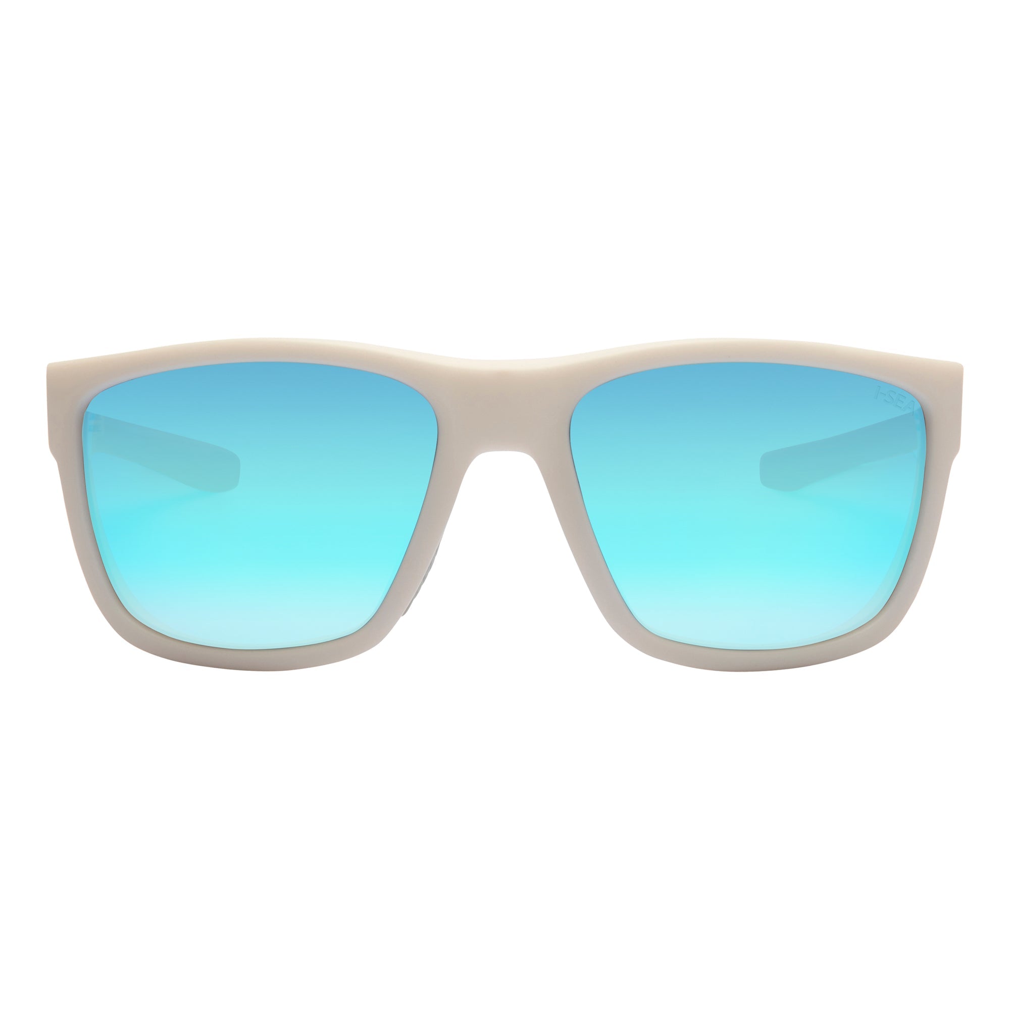 Beige sunglasses with blue-tinted lenses on a white background.
WHITE RUBBER / BLUE MIRROR POLARIZED LENS