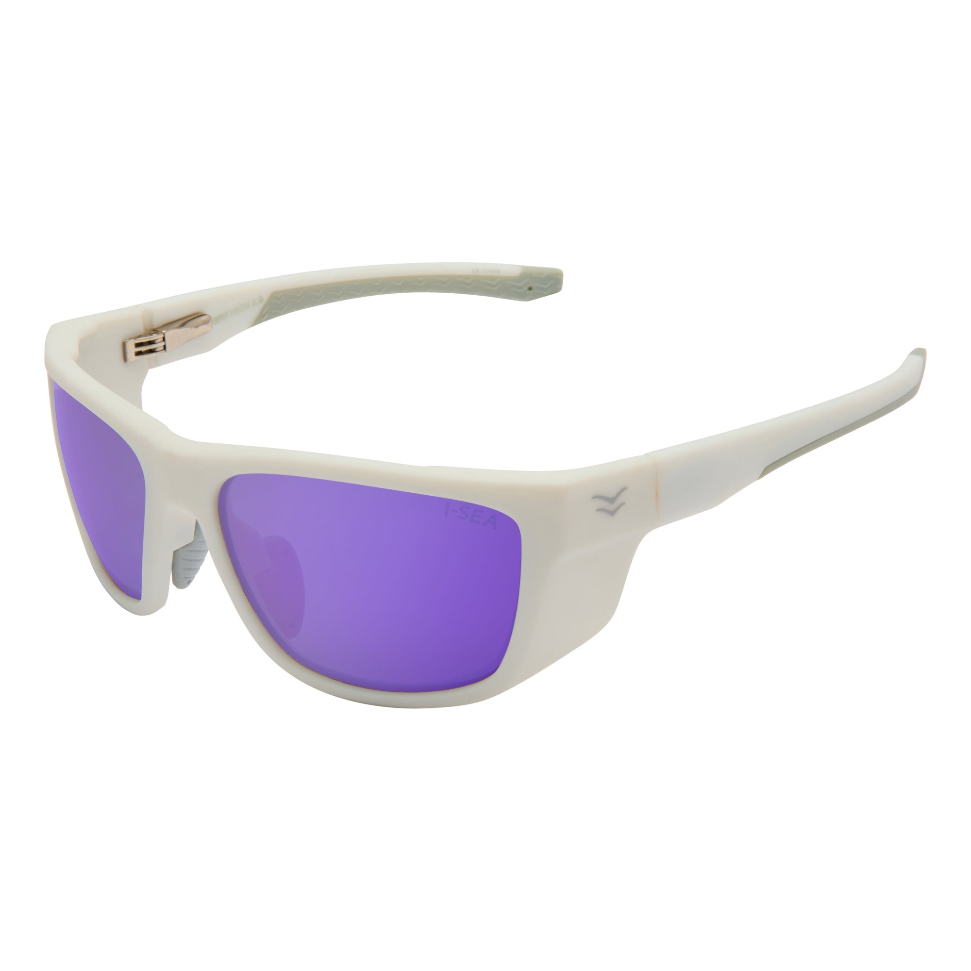 White sunglasses with purple lenses on a white background.
WHITE / PURPLE MIRROR POLARIZED LENS