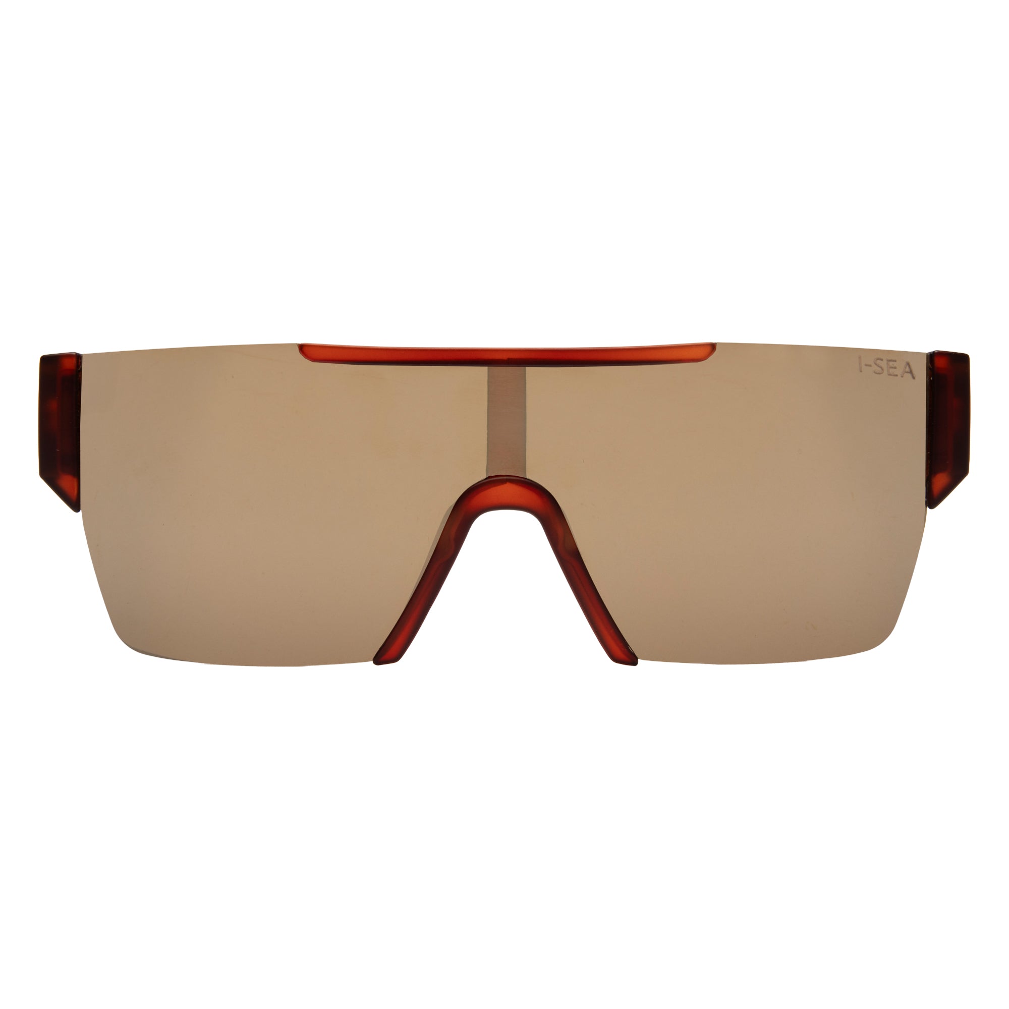 Sunglasses with a shield design on a white background.
COLA / COPPER MIRROR POLARIZED LENS