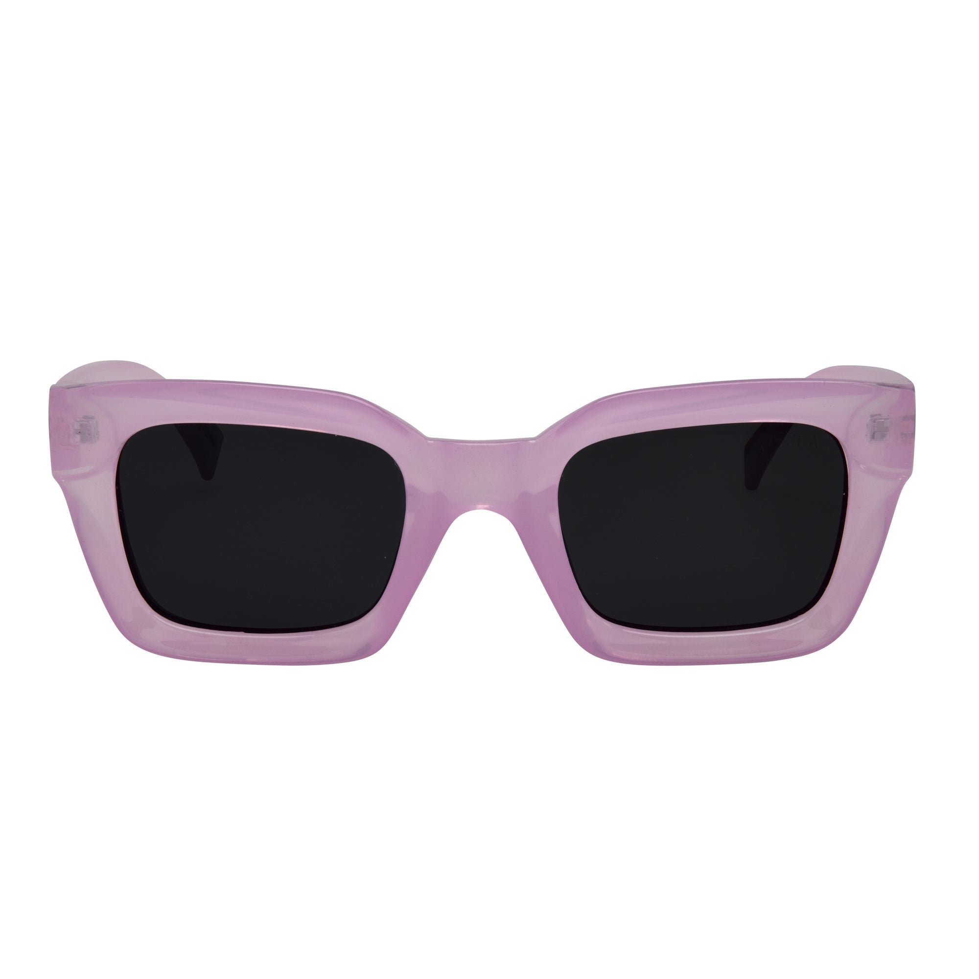 Pink sunglasses with black lenses on a white background.
LILAC / SMOKE POLARIZED LENS