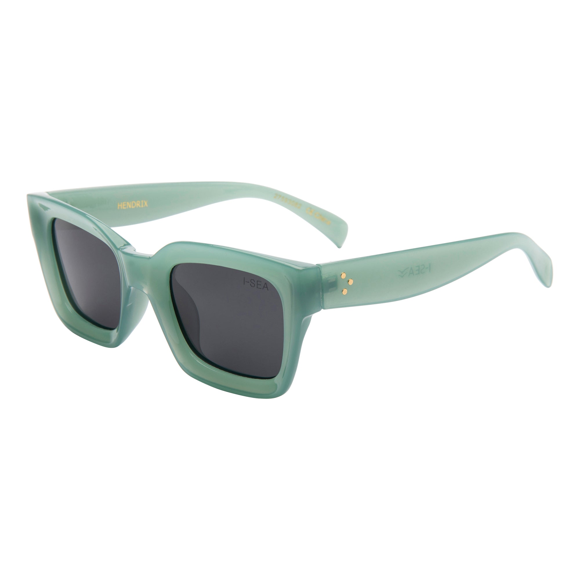 Green sunglasses with dark lenses on a white background.
SAGE / SMOKE POLARIZED LENS