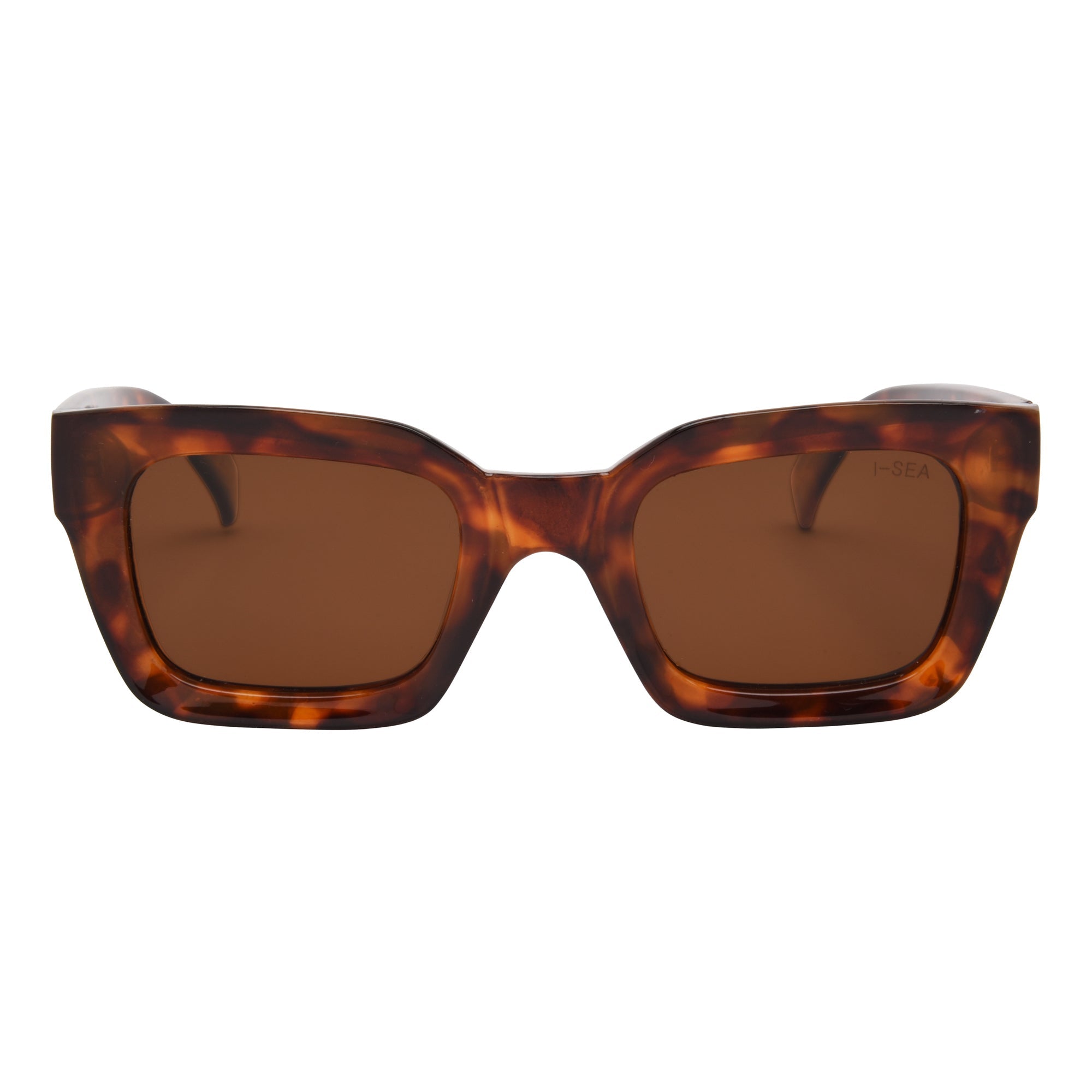 Tortoiseshell sunglasses with brown lenses on a white background.
TORT / BROWN POLARIZED LENS