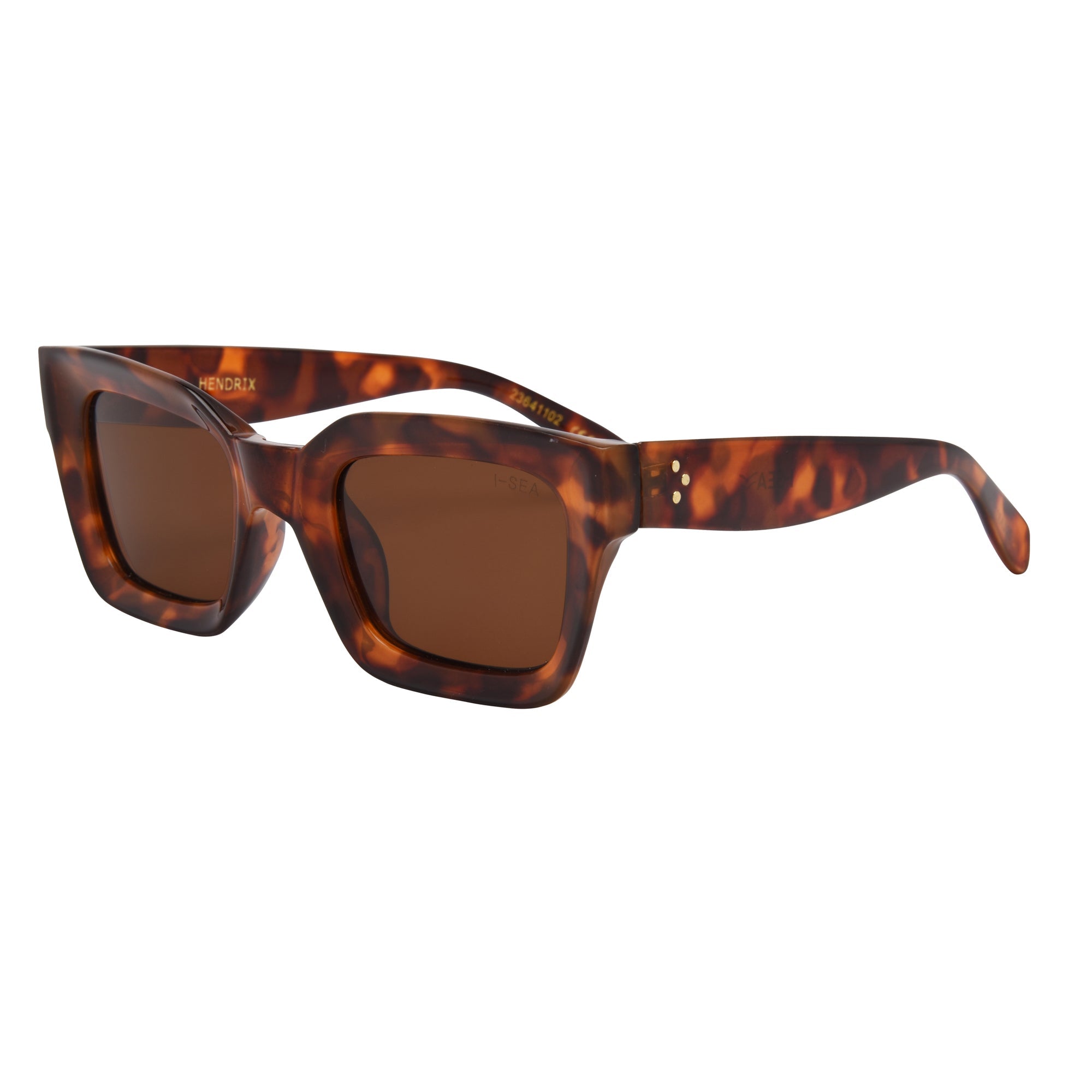 Sunglasses with tortoiseshell frame and brown lenses on a white background.
TORT / BROWN POLARIZED LENS