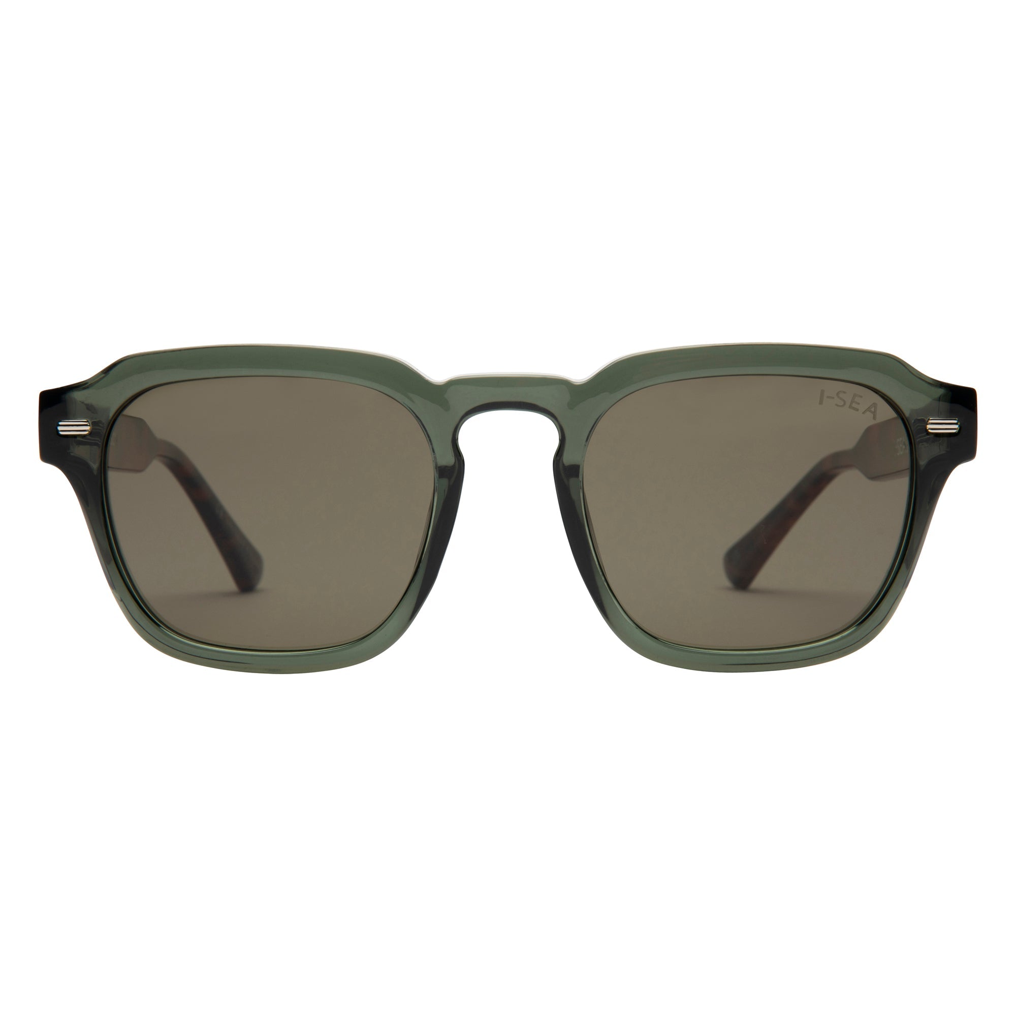 Green sunglasses with dark lenses on a white background.
LEAF & TORT / TAUPE POLARIZED LENS
