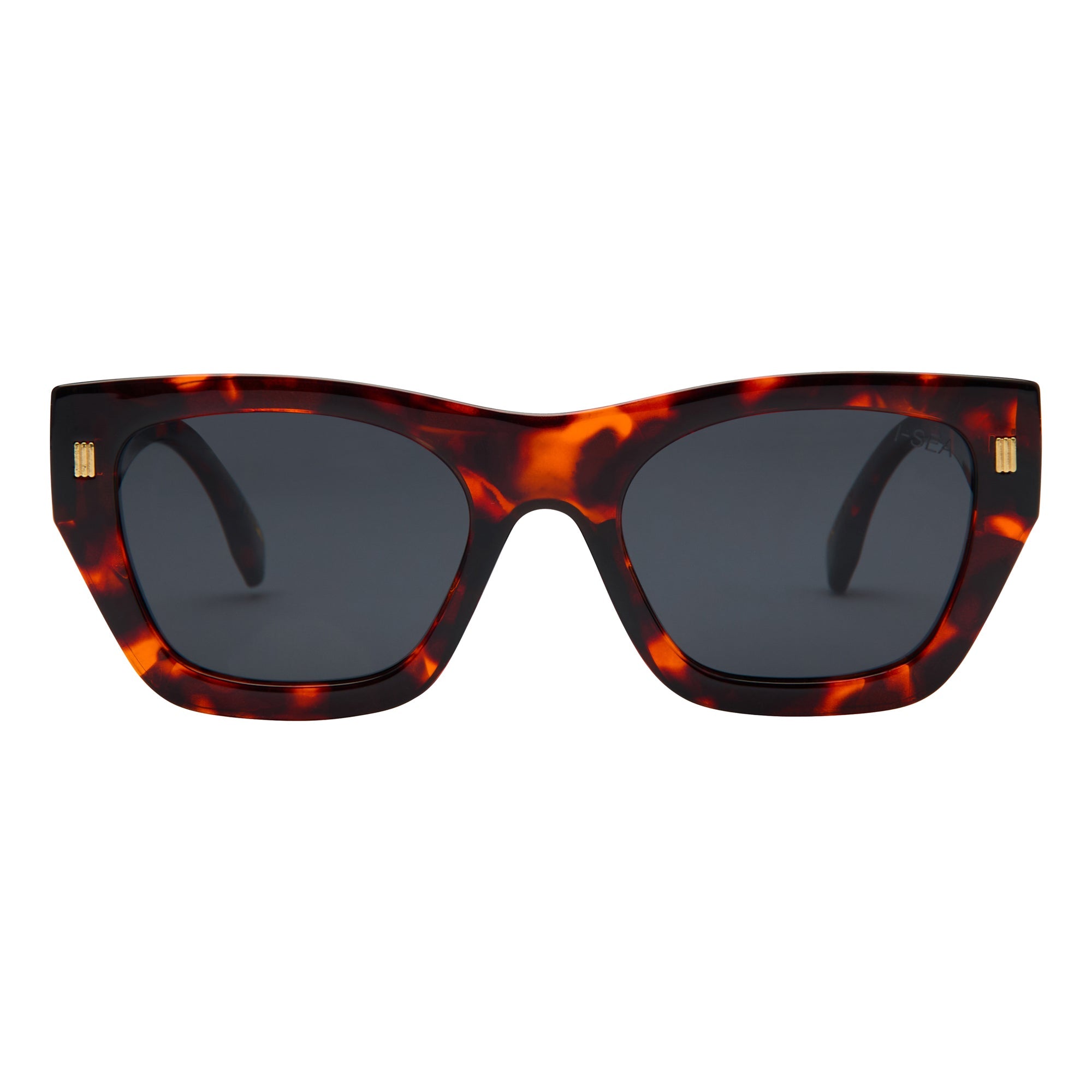 Sunglasses with tortoiseshell frame and dark lenses on a white background.
TORT / SMOKE POLARIZED LENS