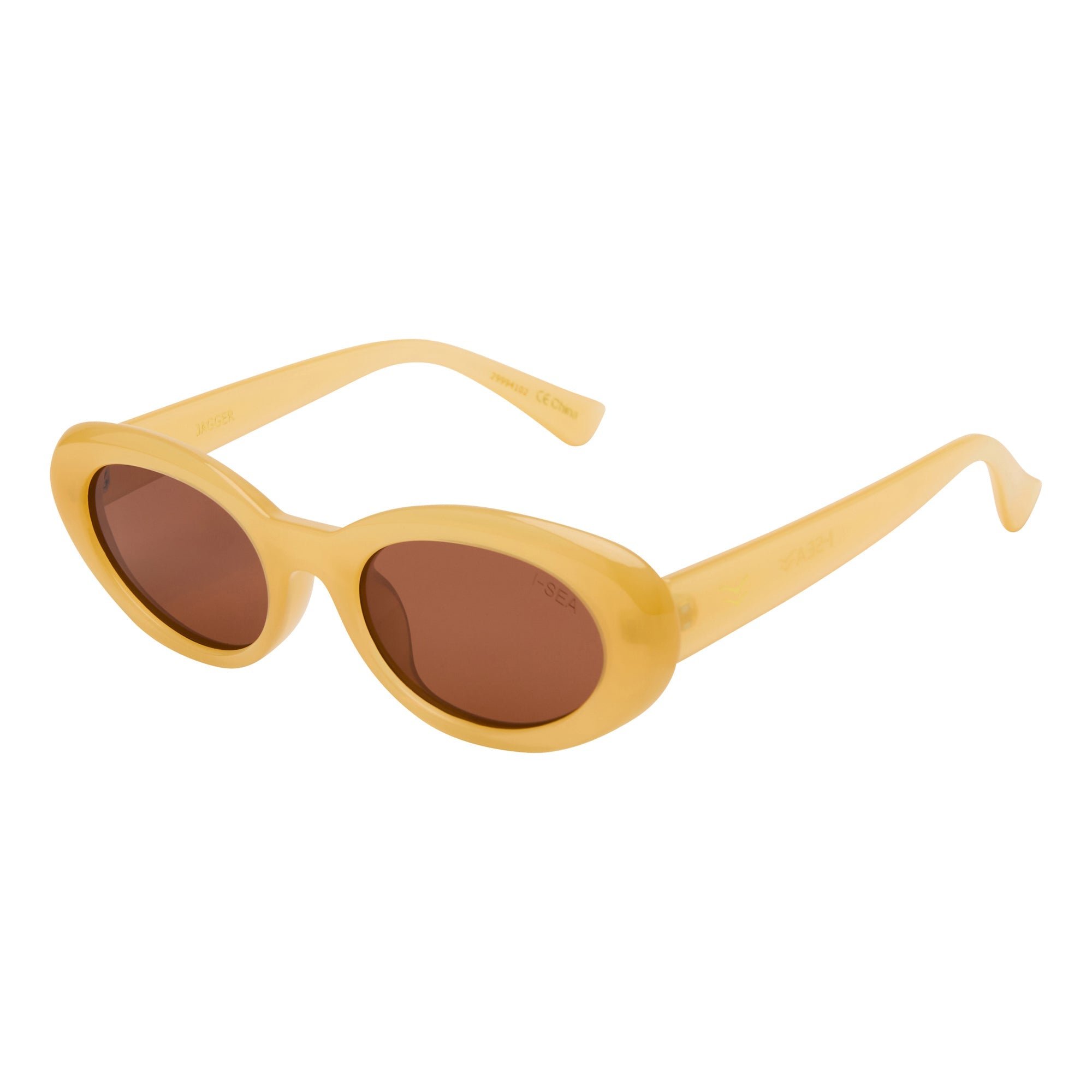Yellow sunglasses with brown lenses on a white background.
LEMON / BROWN POLARIZED LENS