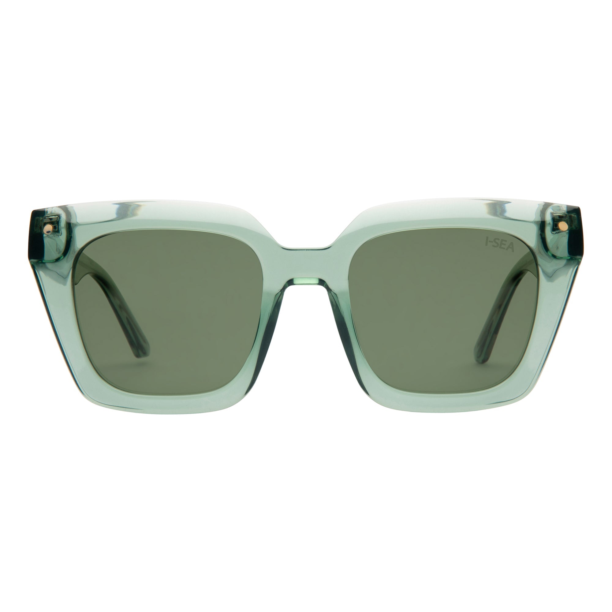 Sunglasses with green lenses and transparent frame on a white background.
LEAF / GREEN POLARIZED LENS