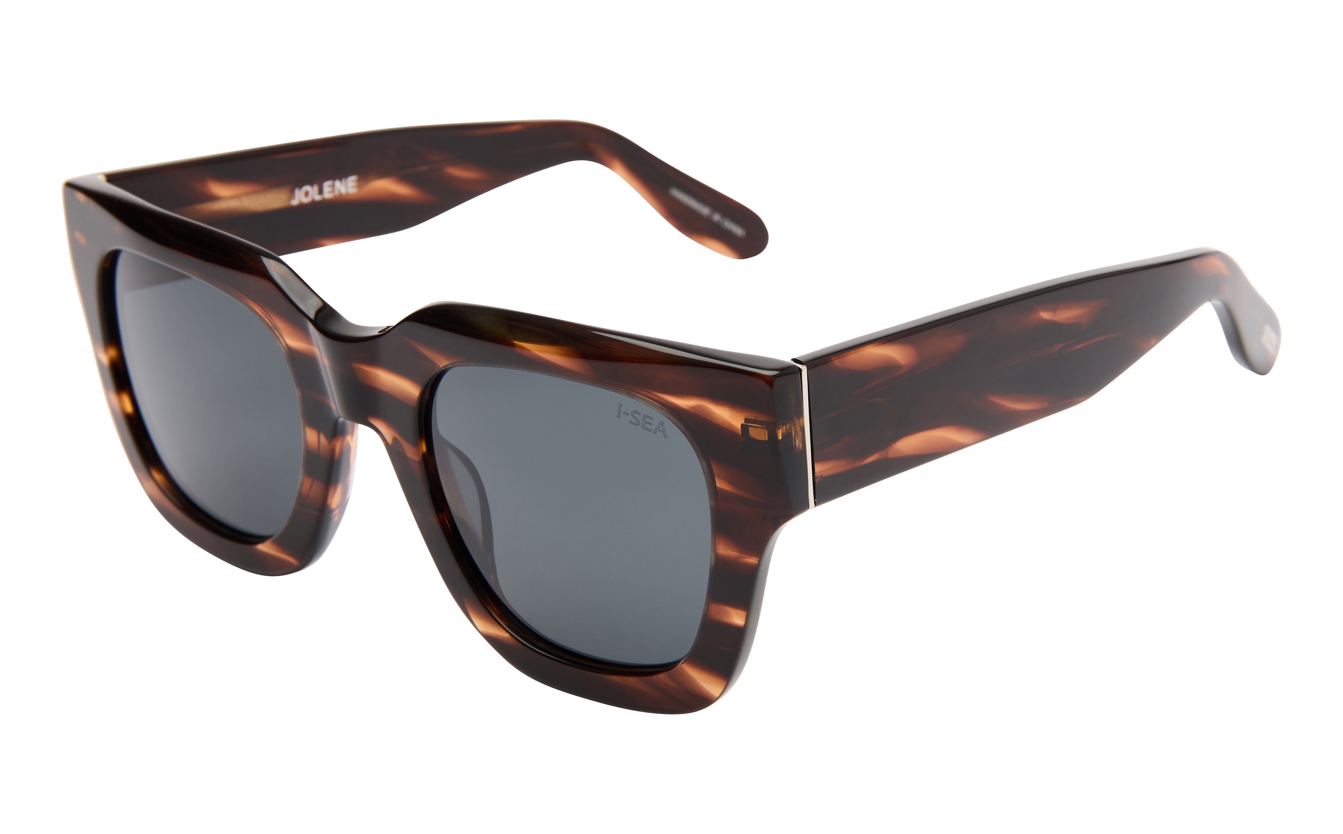 Tortoiseshell sunglasses with dark lenses on a white background.
TIGER STRIPE / SMOKE POLARIZED LENS