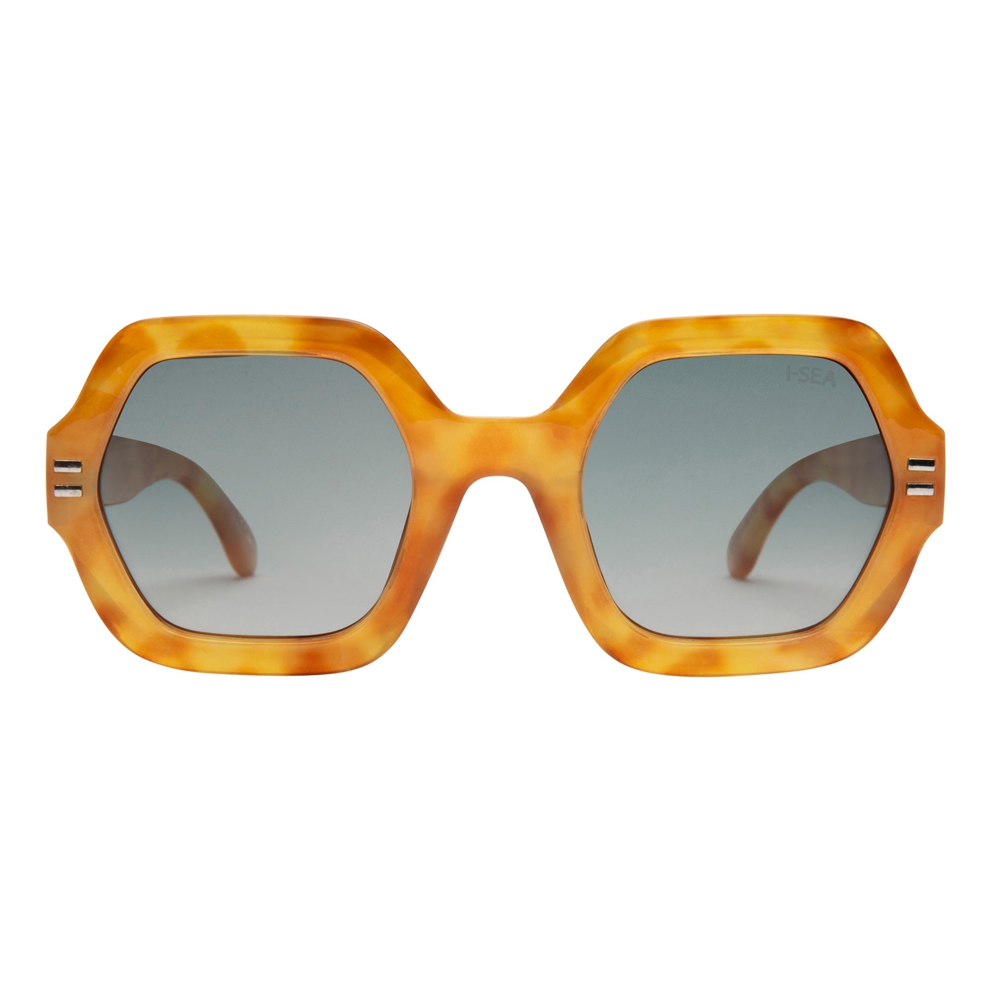 Sunglasses with tortoiseshell frame and reflective lenses on a white background.
HONEY TORT / GREEN POLARIZED LENS