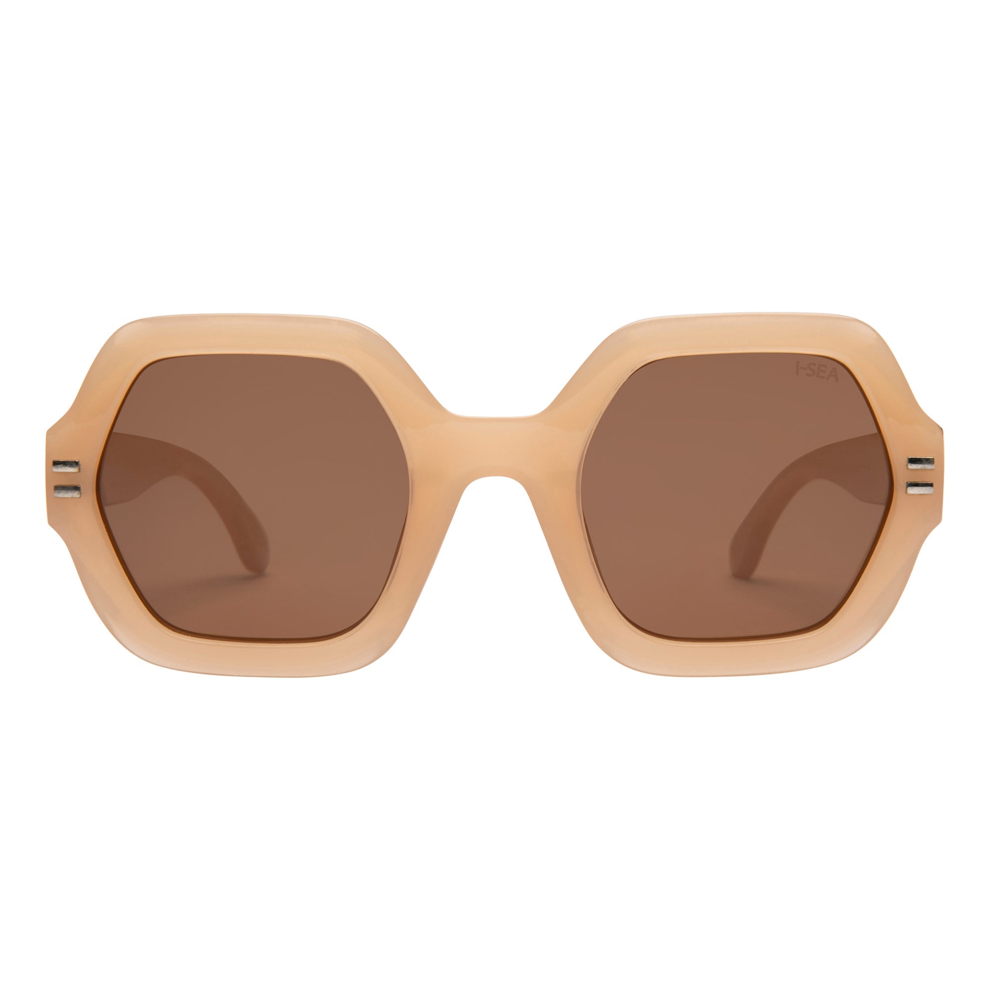 Beige sunglasses with brown lenses on a white background.
VANILLA / BROWN POLARIZED LENS