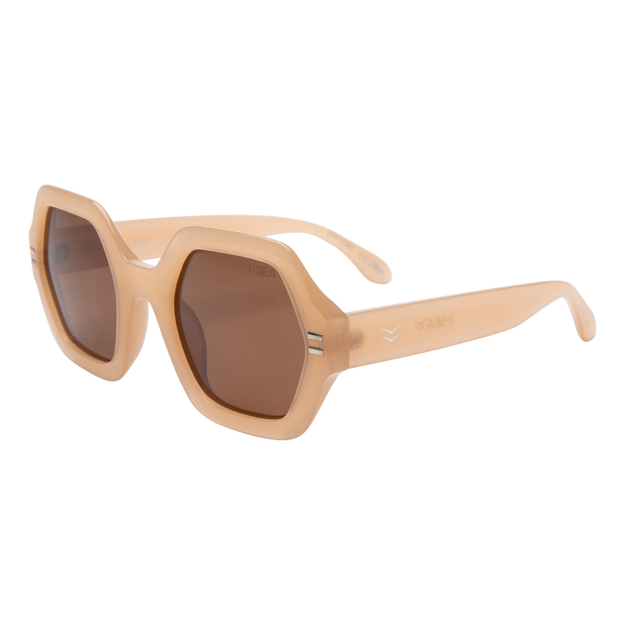 Beige sunglasses with brown lenses on a white background.
VANILLA / BROWN POLARIZED LENS