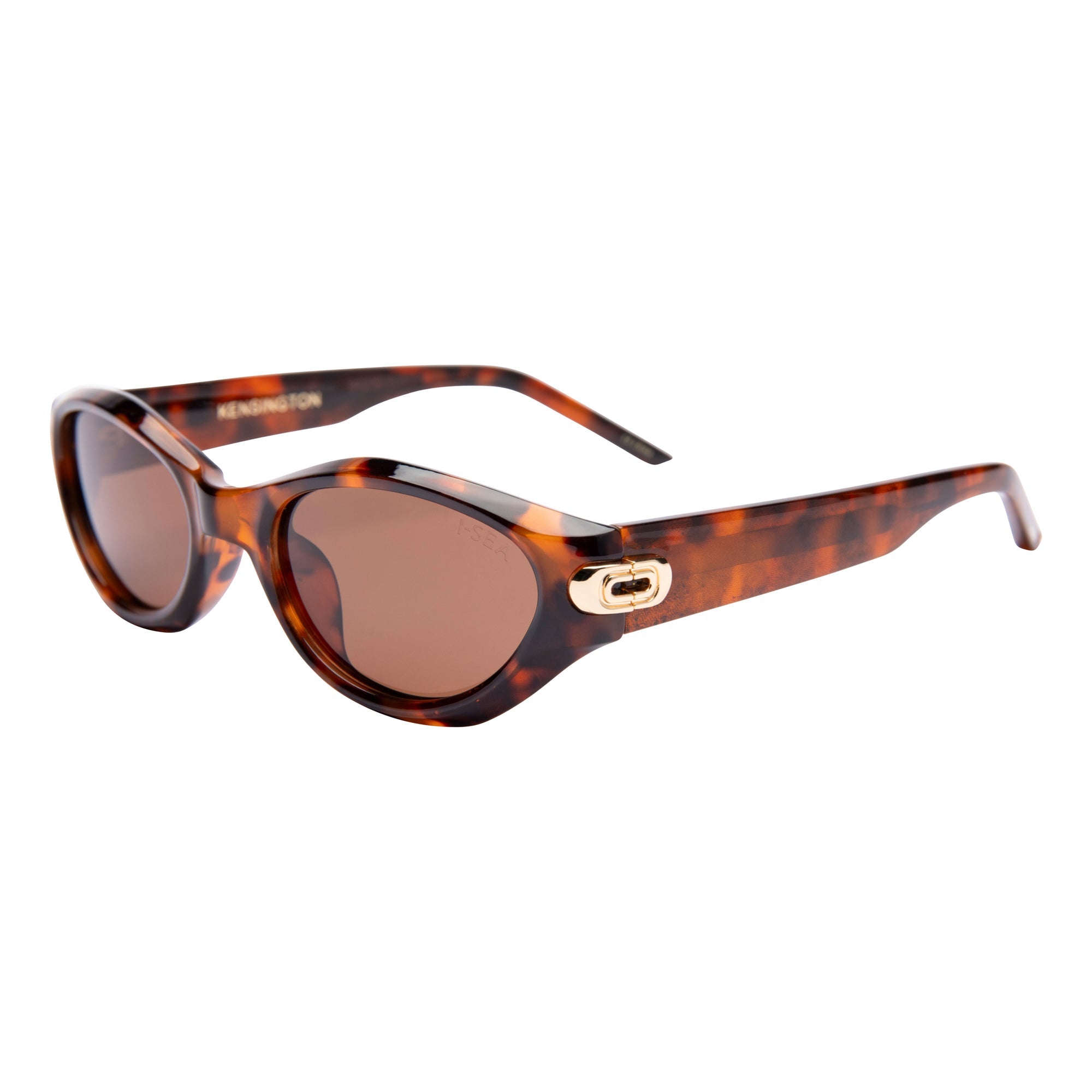 Sunglasses with tortoiseshell frame and brown lenses on a white background.
TORT / BROWN POLARIZED LENS