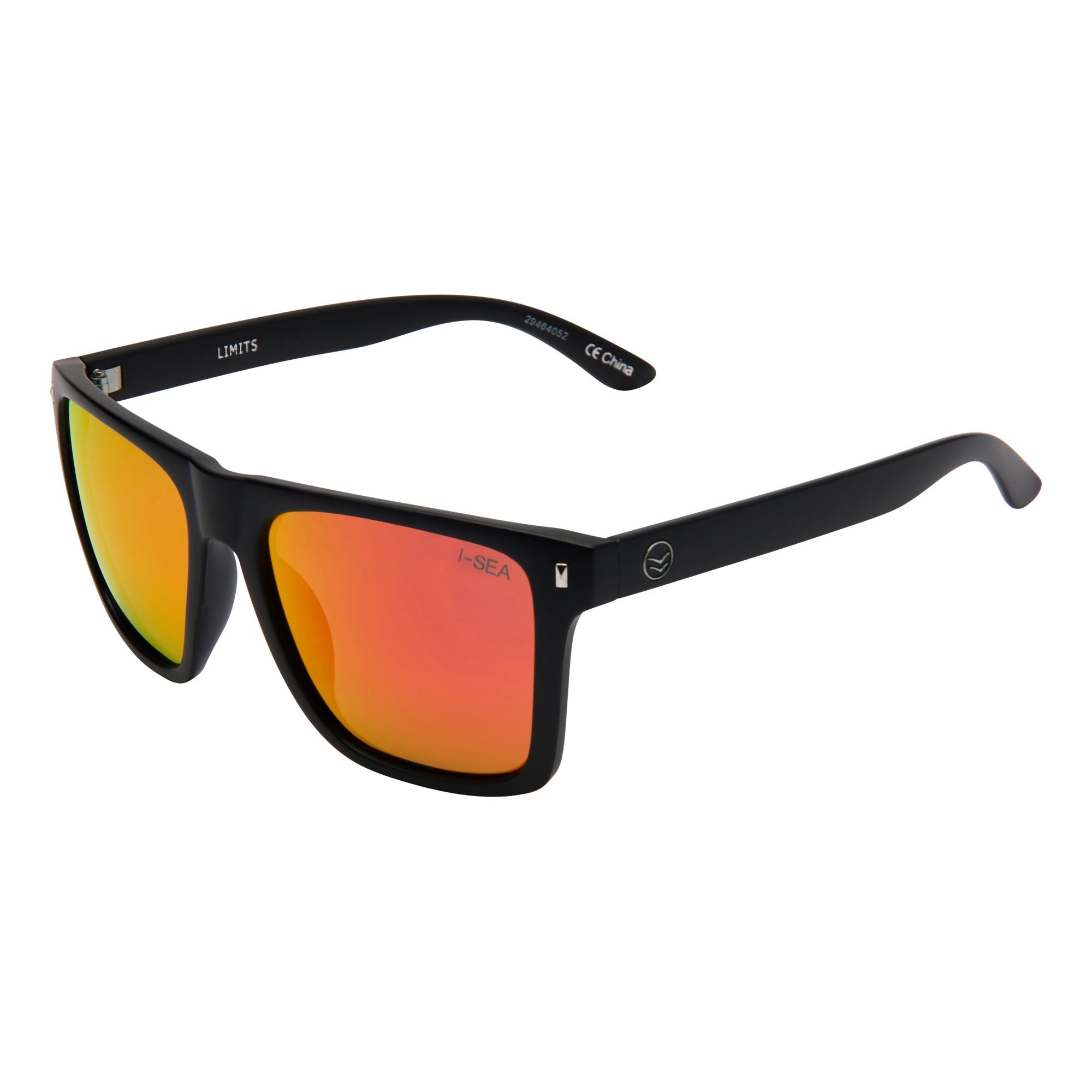 Sunglasses with black frame and orange-red lenses on a white background.
BLACK / RED MIRROR POLARIZED LENS