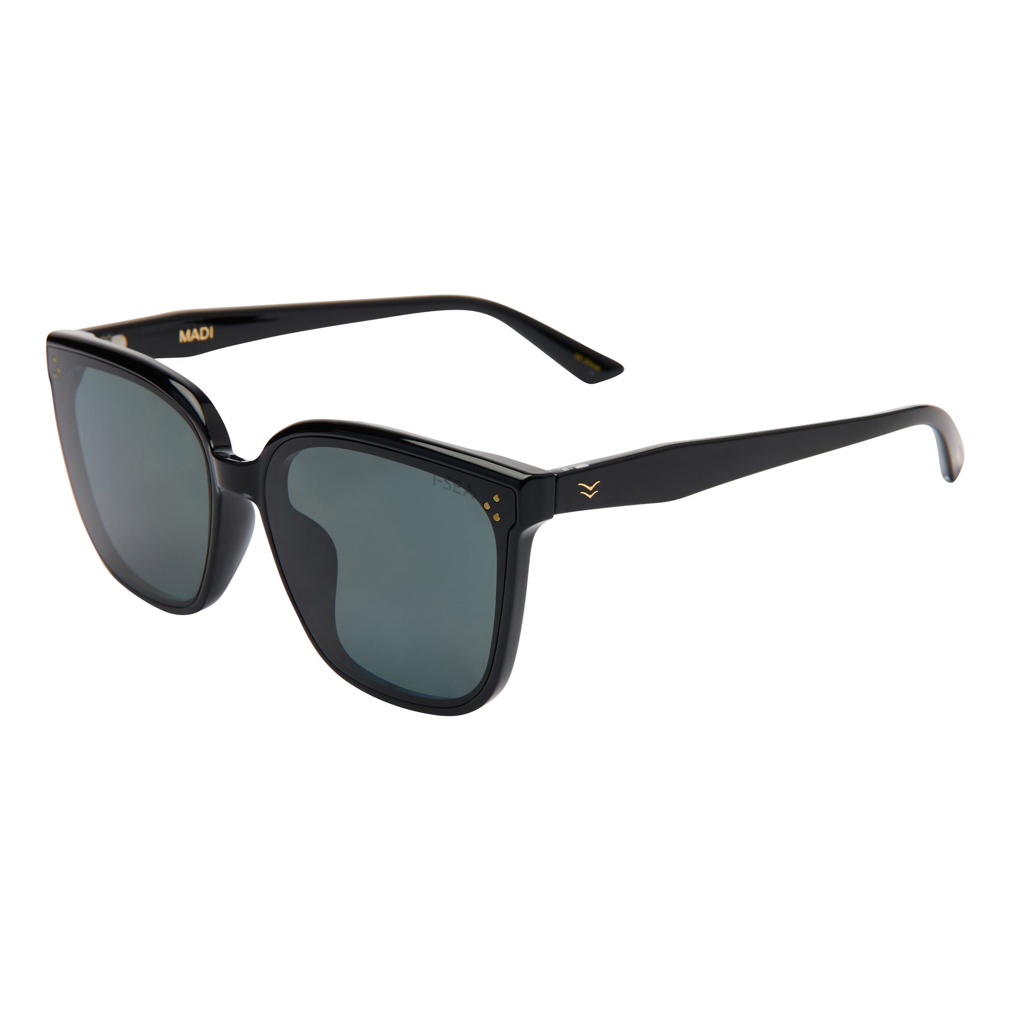 Black sunglasses with a brand logo on a white background.
BLACK / SMOKE POLARIZED LENS