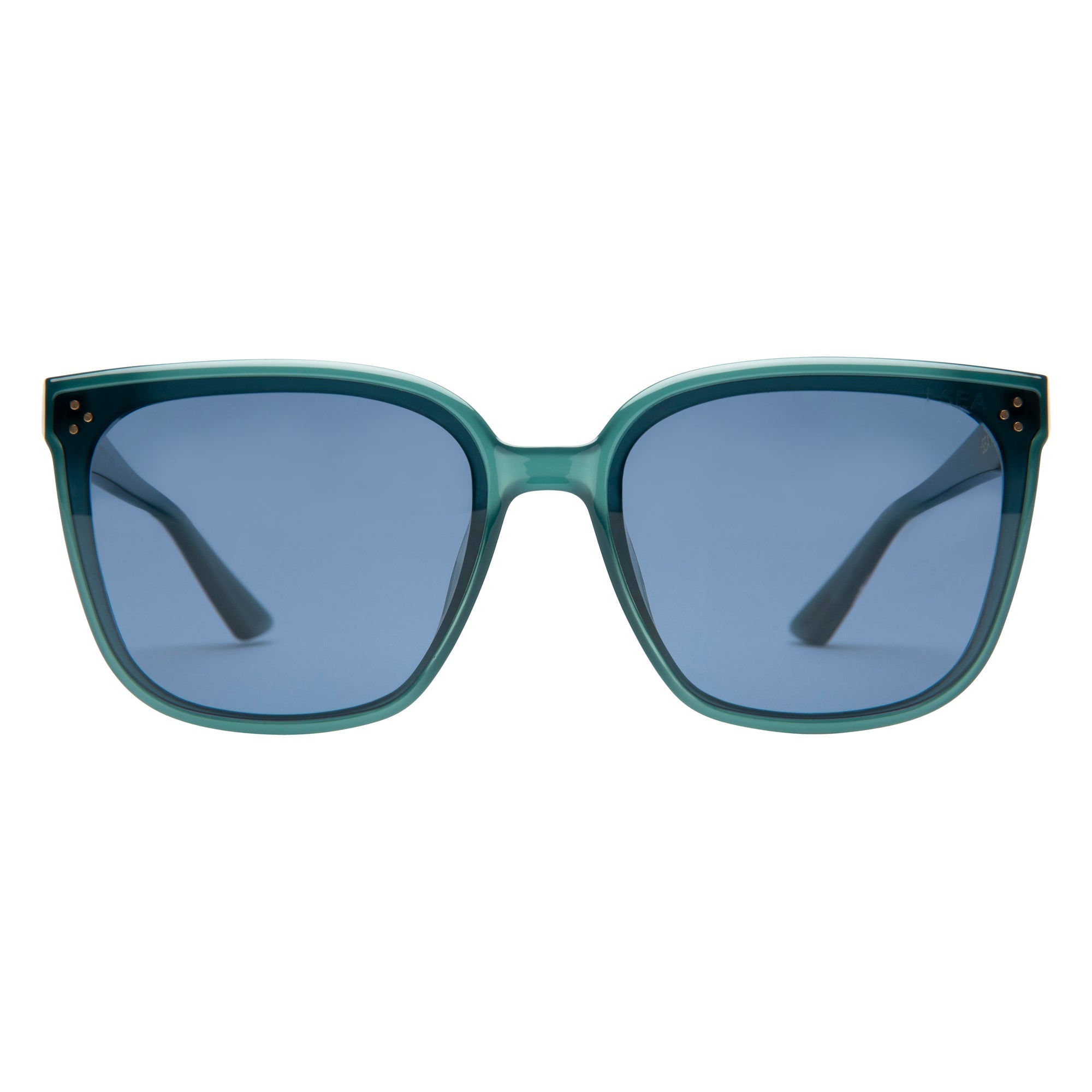 Green sunglasses with blue lenses on a white background.
POOL / NAVY POLARIZED LENS