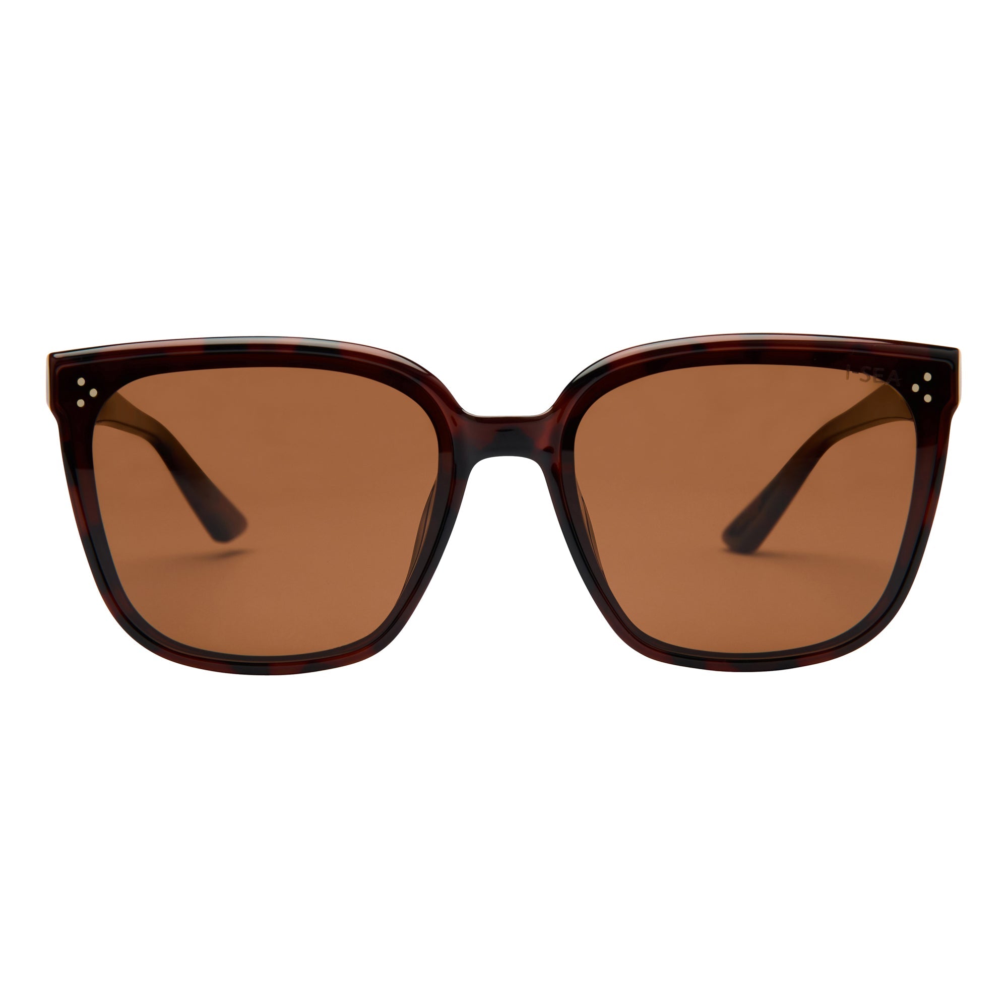 Sunglasses with brown lenses and tortoiseshell frame on a white background.
TORT / BROWN POLARIZED LENS