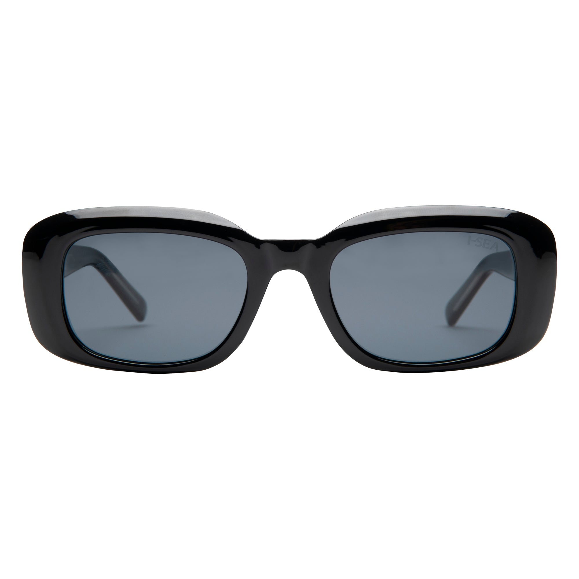 Black sunglasses with dark lenses on a white background.
BLACK / SMOKE POLARIZED LENS