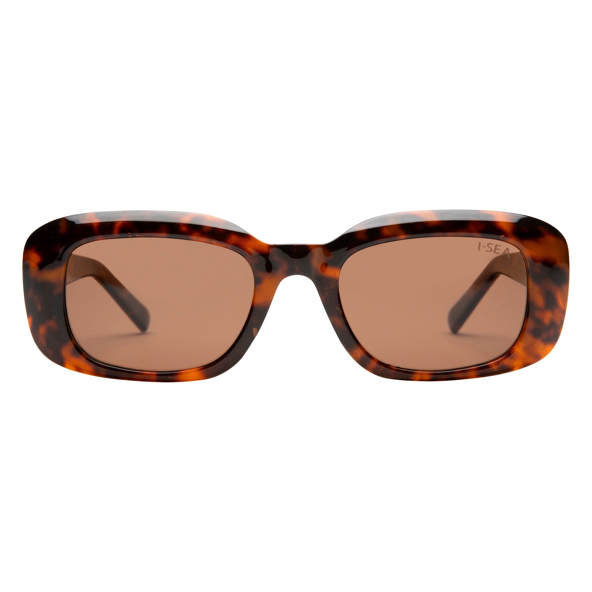 Sunglasses with tortoiseshell frame and brown lenses on a white background.
TORT / BROWN POLARIZED LENS