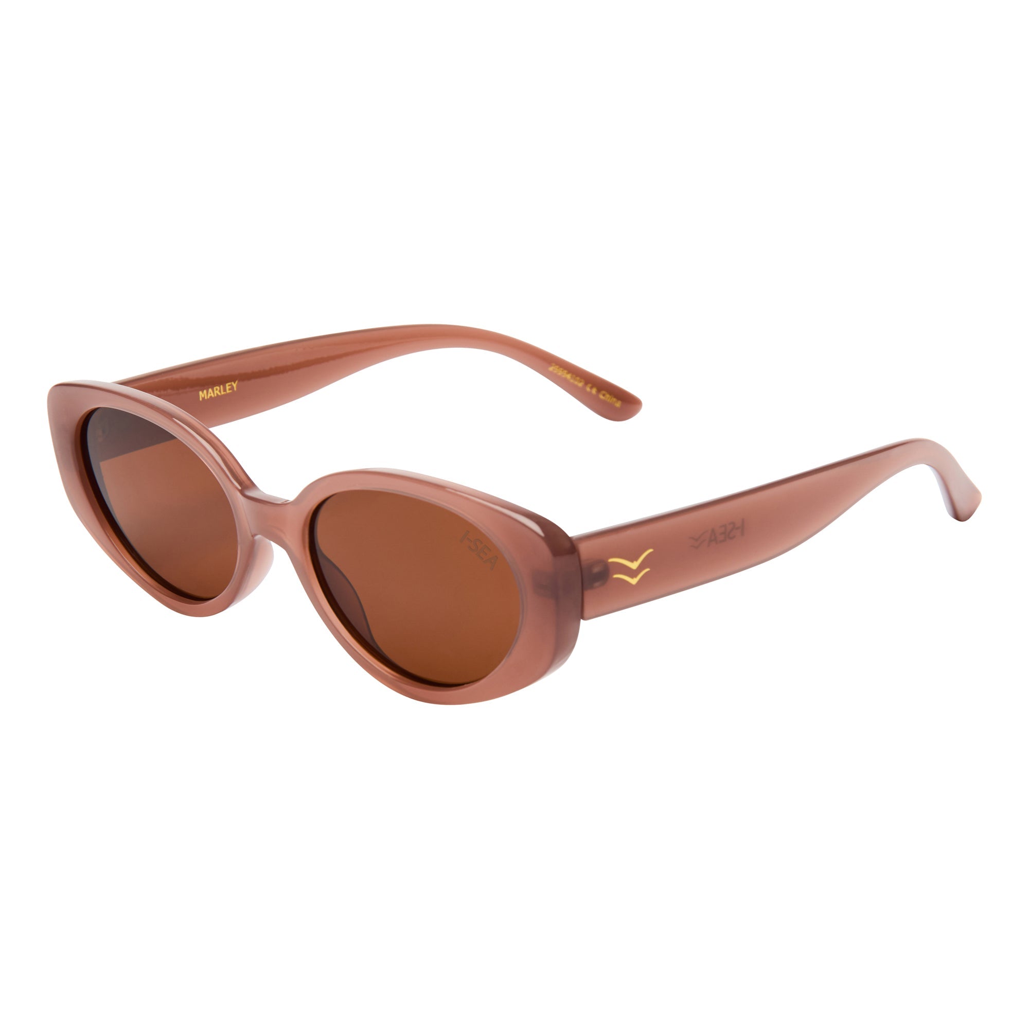 Brown sunglasses with a brand logo on a white background.
DUSTY ROSE / BROWN POLARIZED LENS