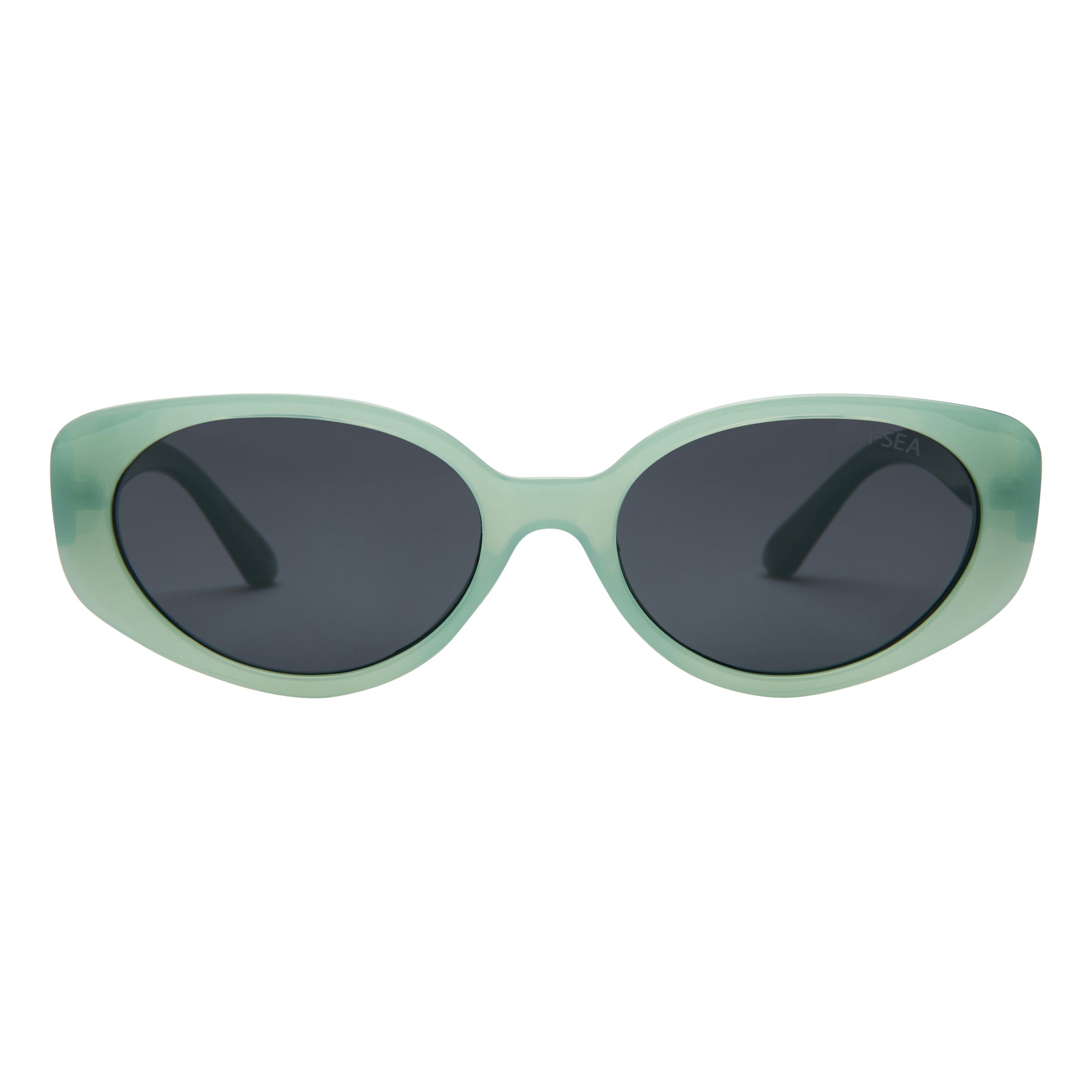Sunglasses with green frame and dark lenses on a white background.
SAGE / SMOKE POLARIZED LENS