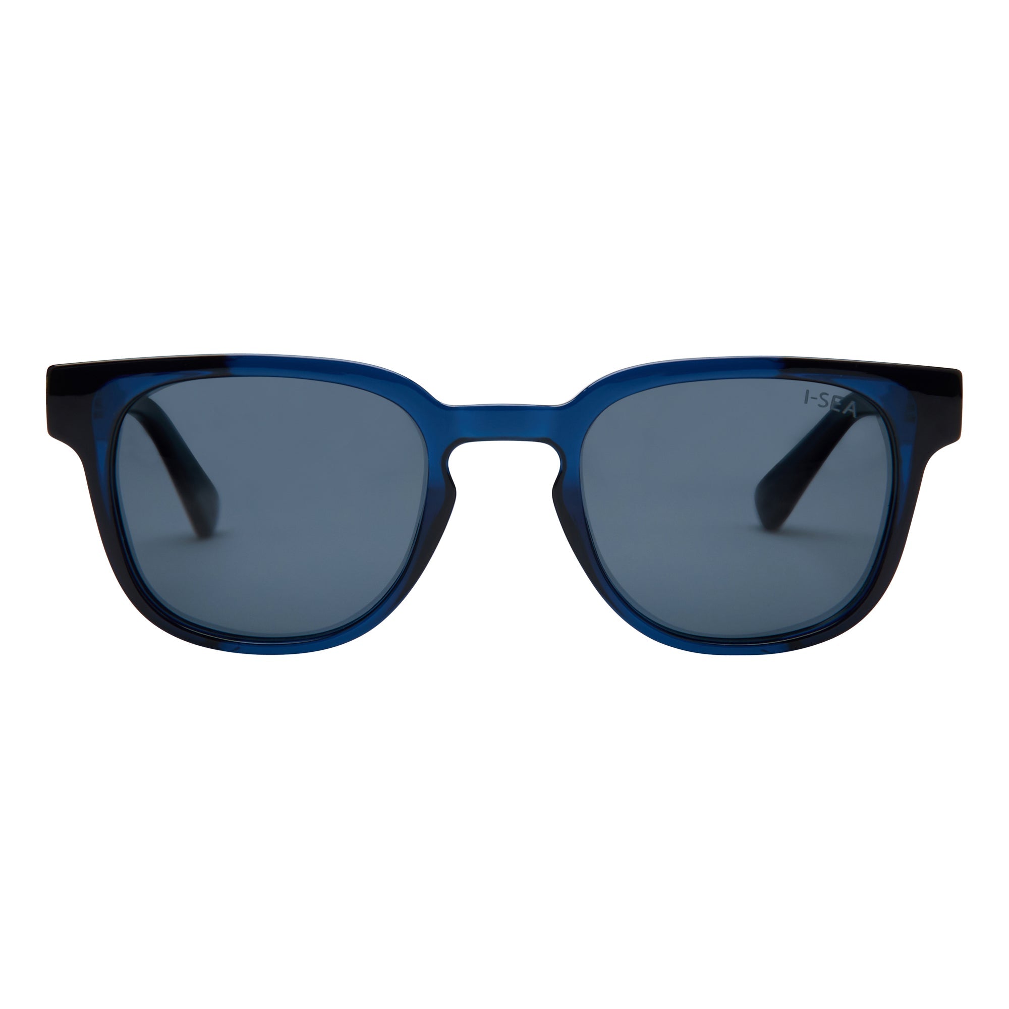 Blue sunglasses with black frames on a white background.
DARK SEAS / SMOKE POLARIZED LENS