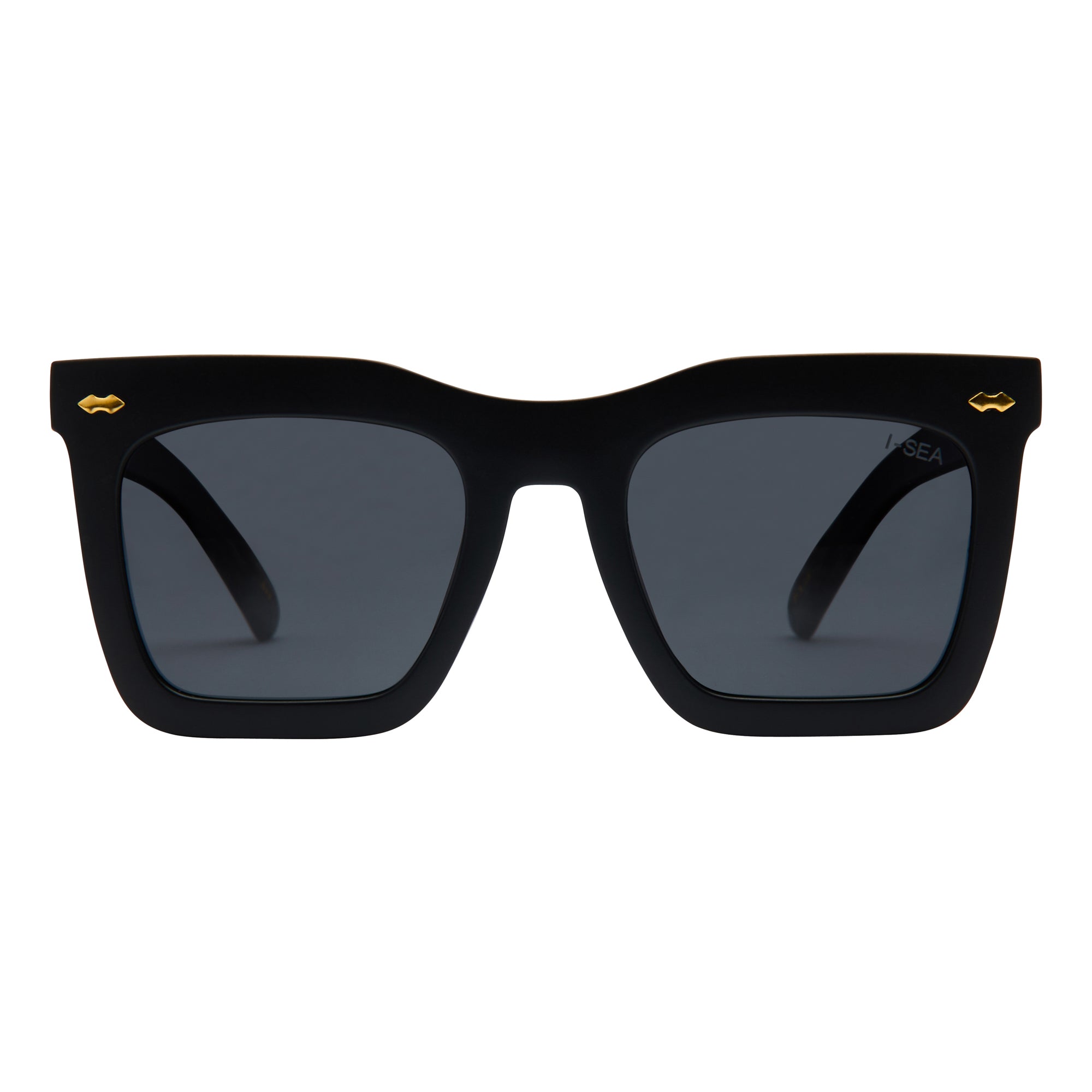 Black sunglasses with gold accents on a white background.
BLACK / SMOKE POLARIZED LENS