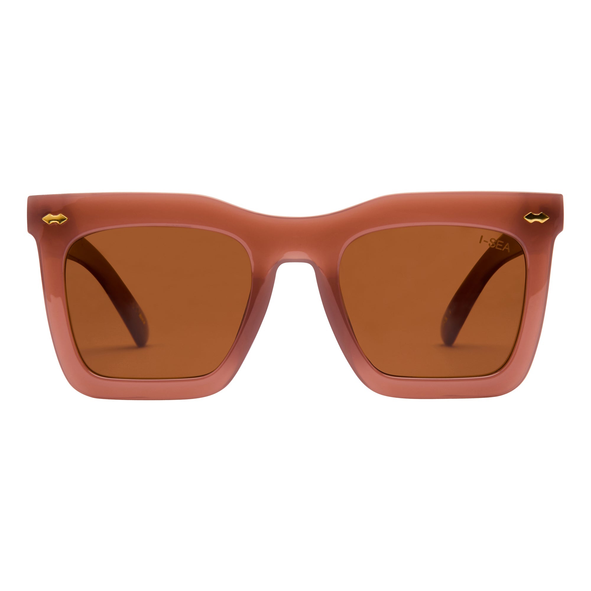 Sunglasses with brown lenses and red-brown frame on a white background.
DUSTY ROSE / BROWN POLARIZED LENS