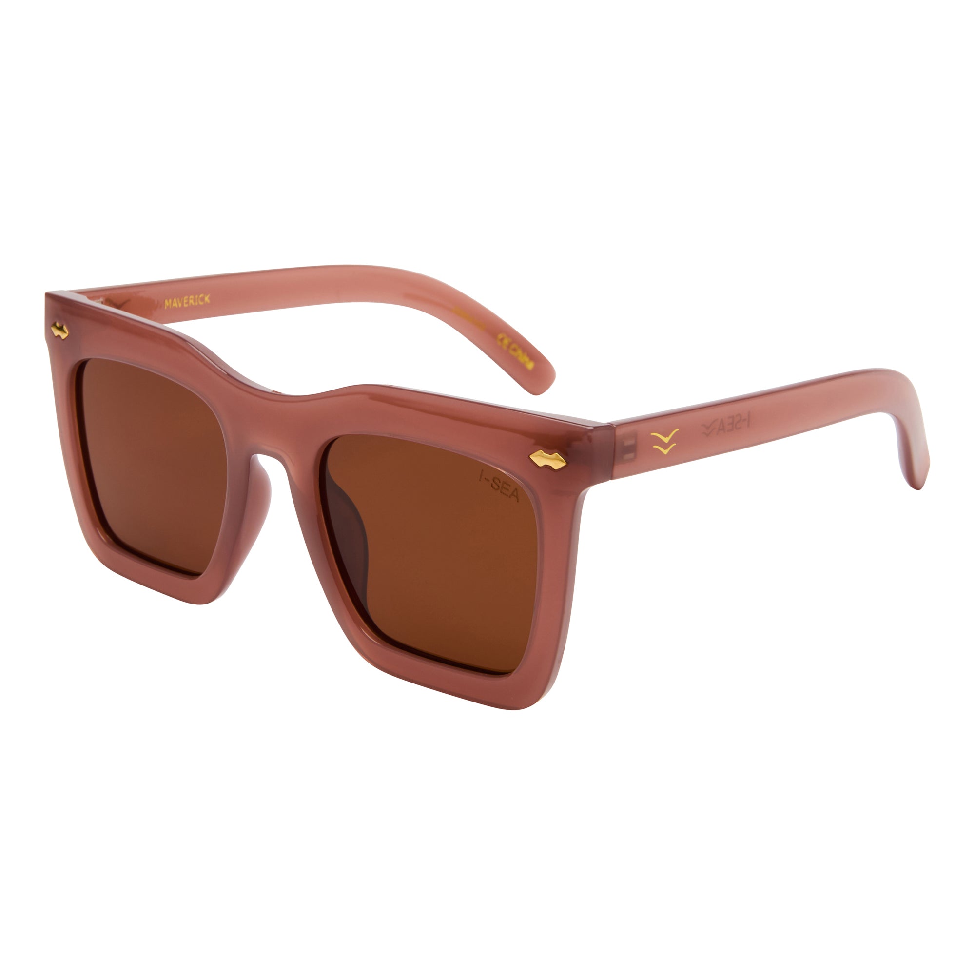 Sunglasses with brown lenses and pink frame on a white background.
DUSTY ROSE / BROWN POLARIZED LENS