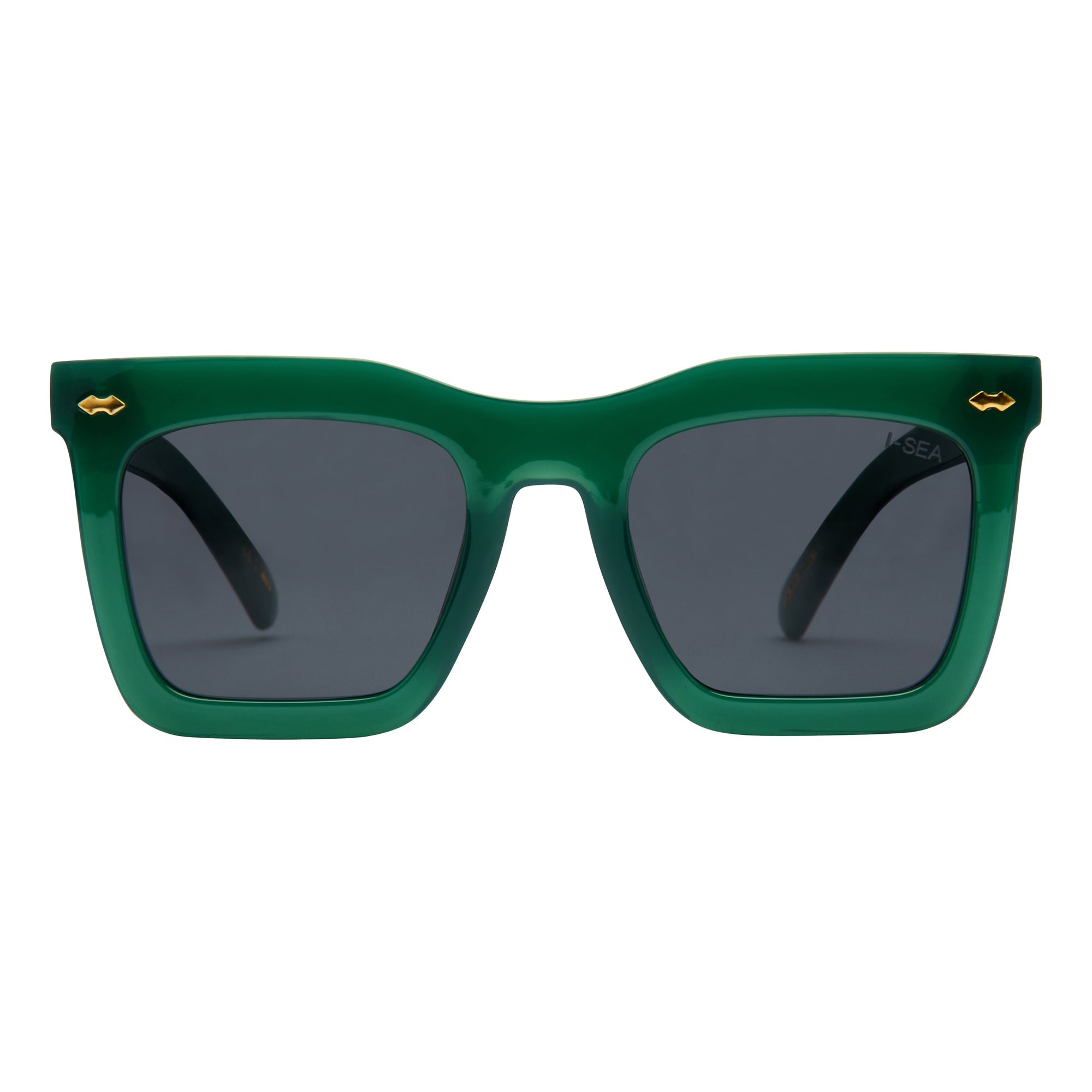 Green sunglasses with dark lenses on a white background.
KALE / SMOKE POLARIZED LENS