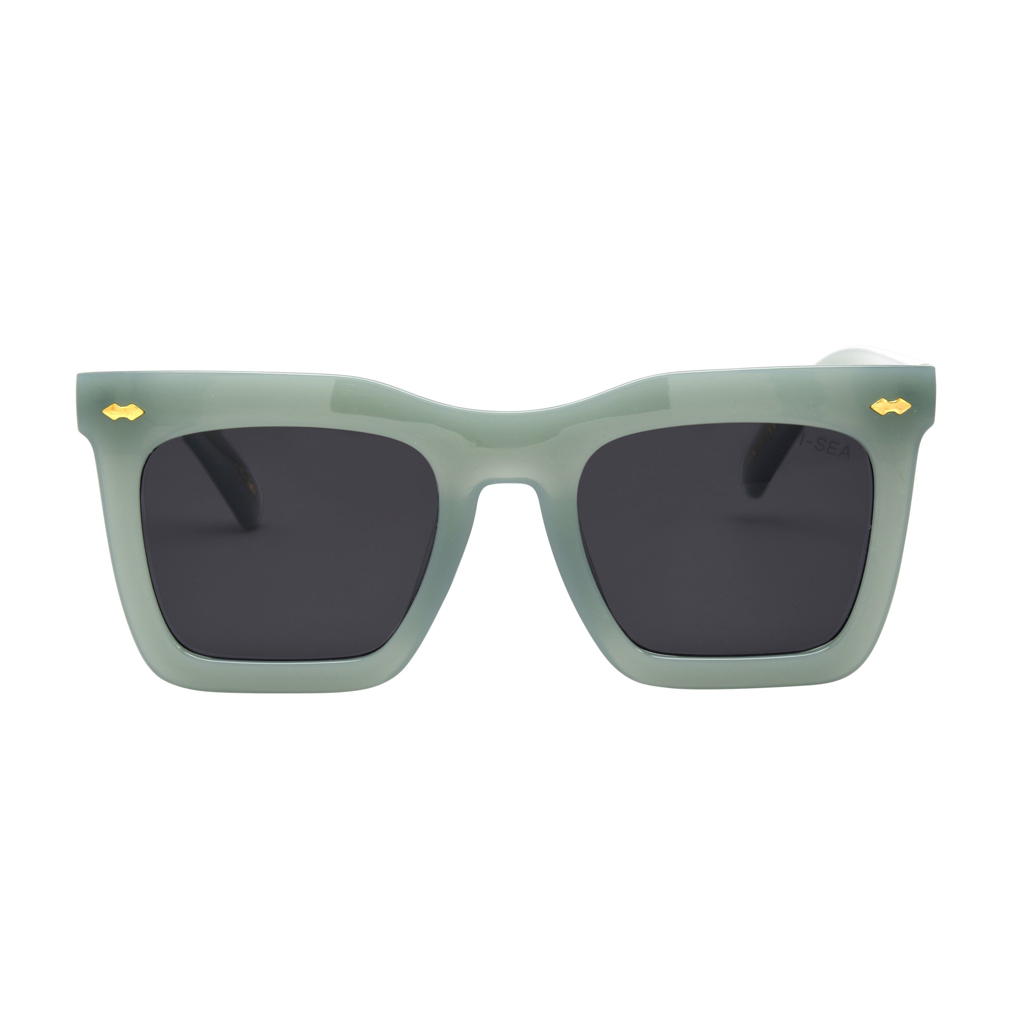 Sunglasses with green frame and dark lenses on a white background.
SAGE / SMOKE POLARIZED LENS