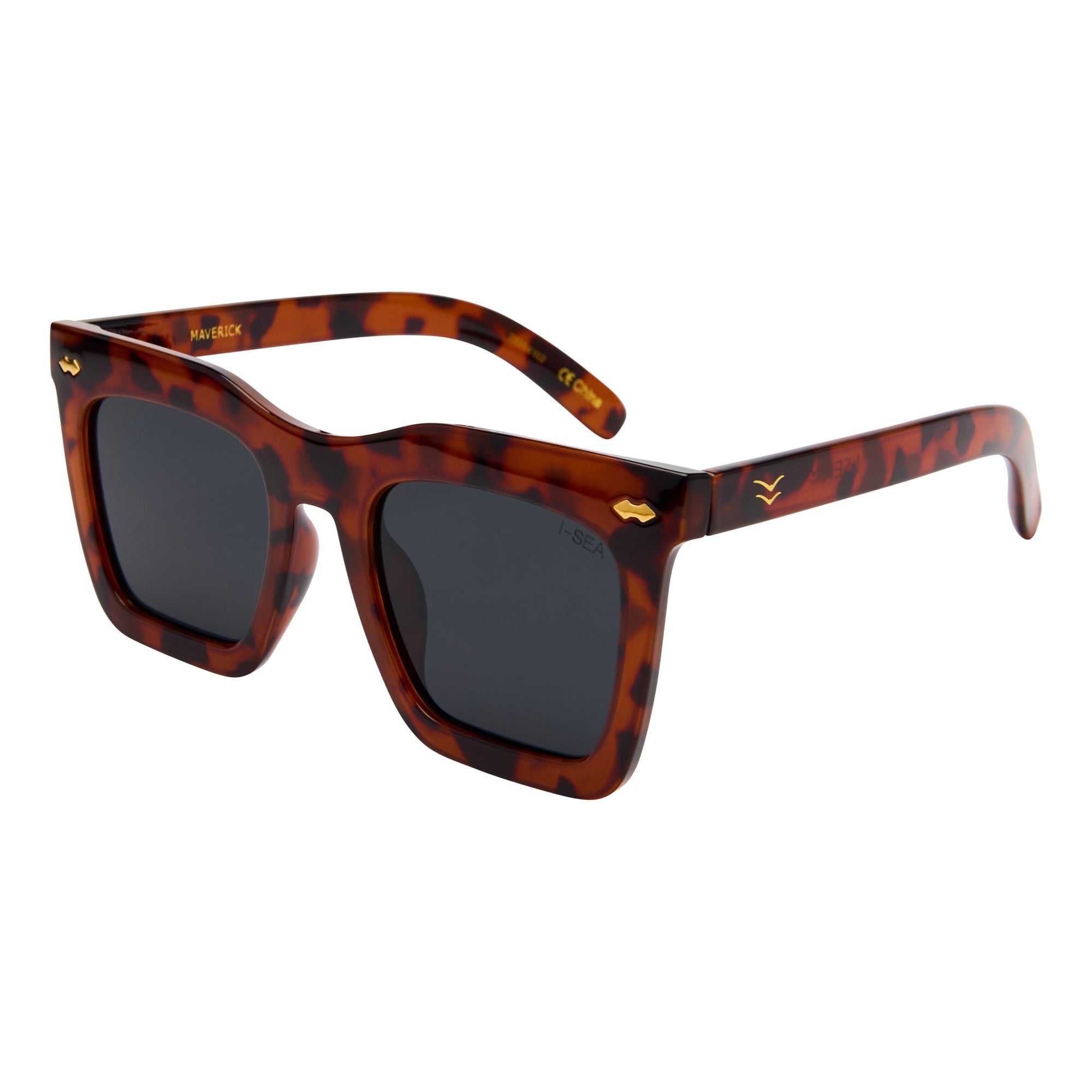 Sunglasses with tortoiseshell frame and dark lenses on a white background.
TORT / SMOKE POLARIZED LENS