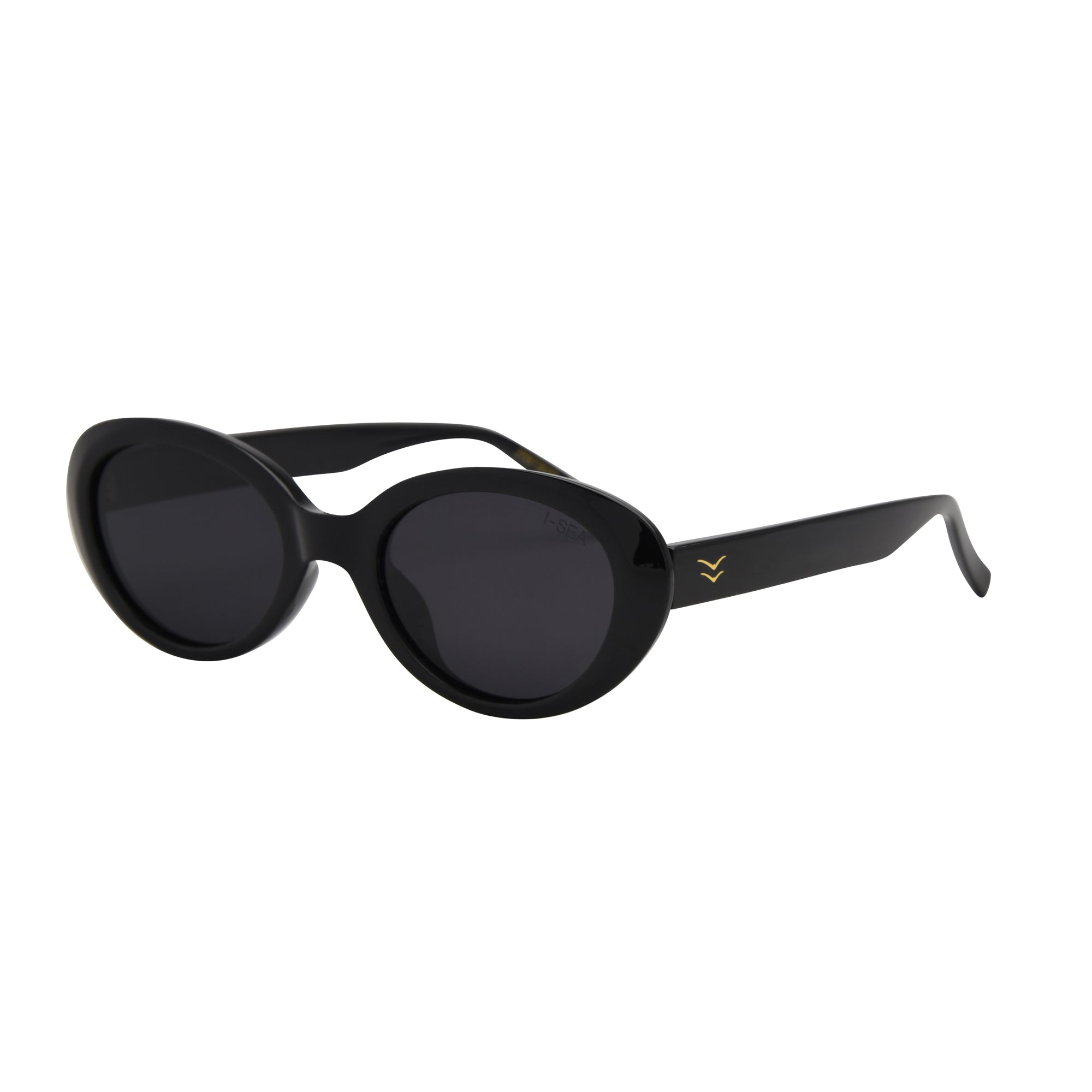 Black sunglasses with a gold logo on a white background.
BLACK / SMOKE POLARIZED LENS