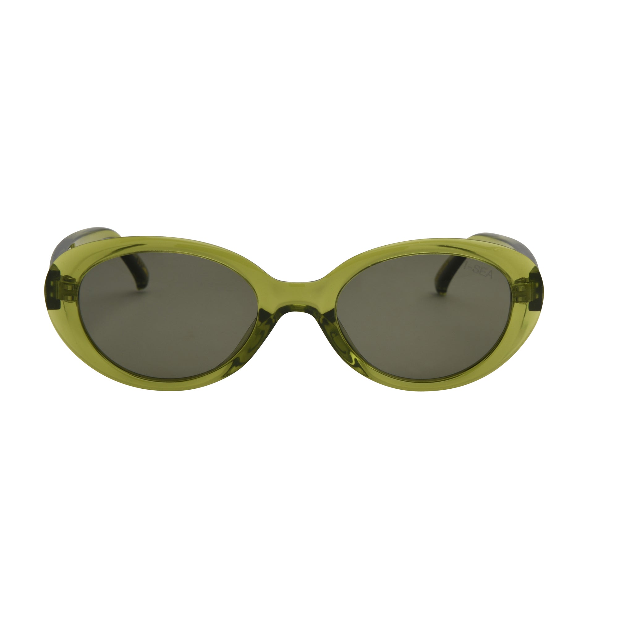 Sunglasses with green frame and dark lenses on a white background.
OLIVE / OLIVE POLARIZED LENS