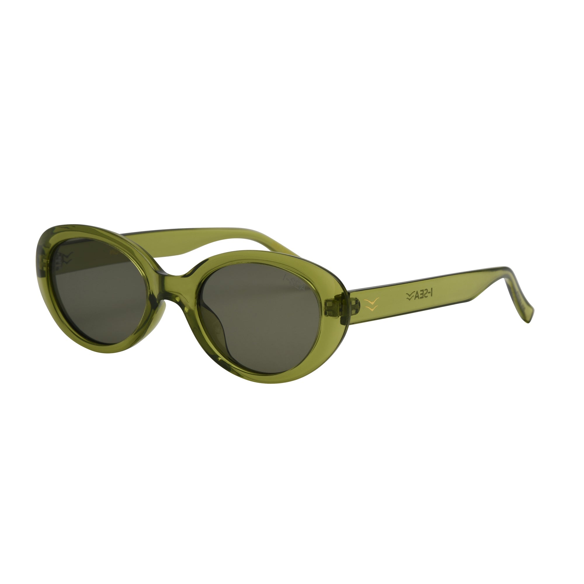 Green sunglasses with a white background.
OLIVE / OLIVE POLARIZED LENS