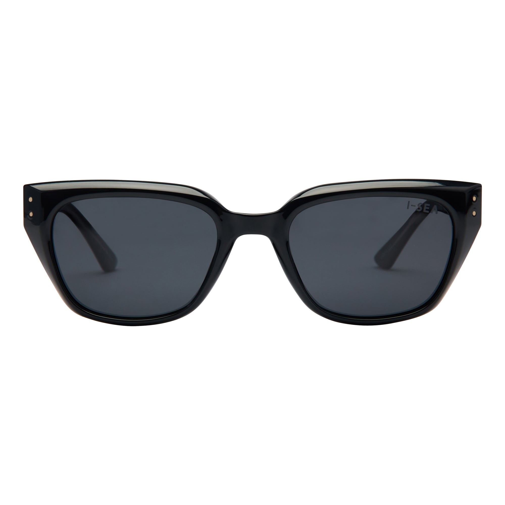 Black sunglasses with dark lenses on a white background.
BLACK / SMOKE POLARIZED LENS
