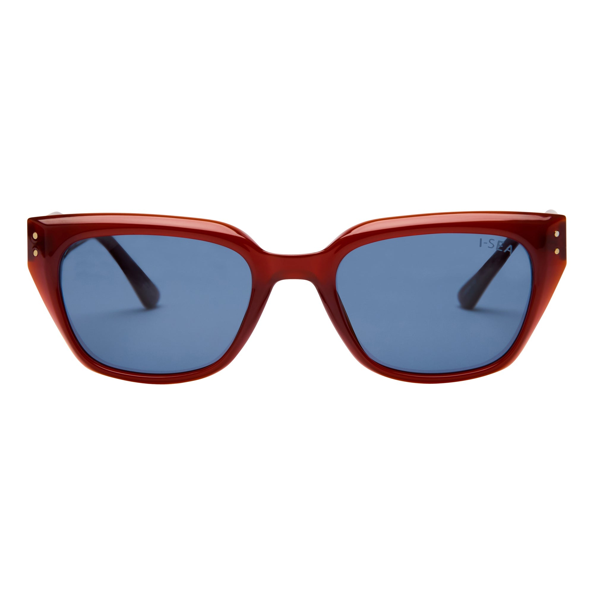 Sunglasses with red frame and blue lenses on a white background.
GINGER / SKY POLARIZED LENS