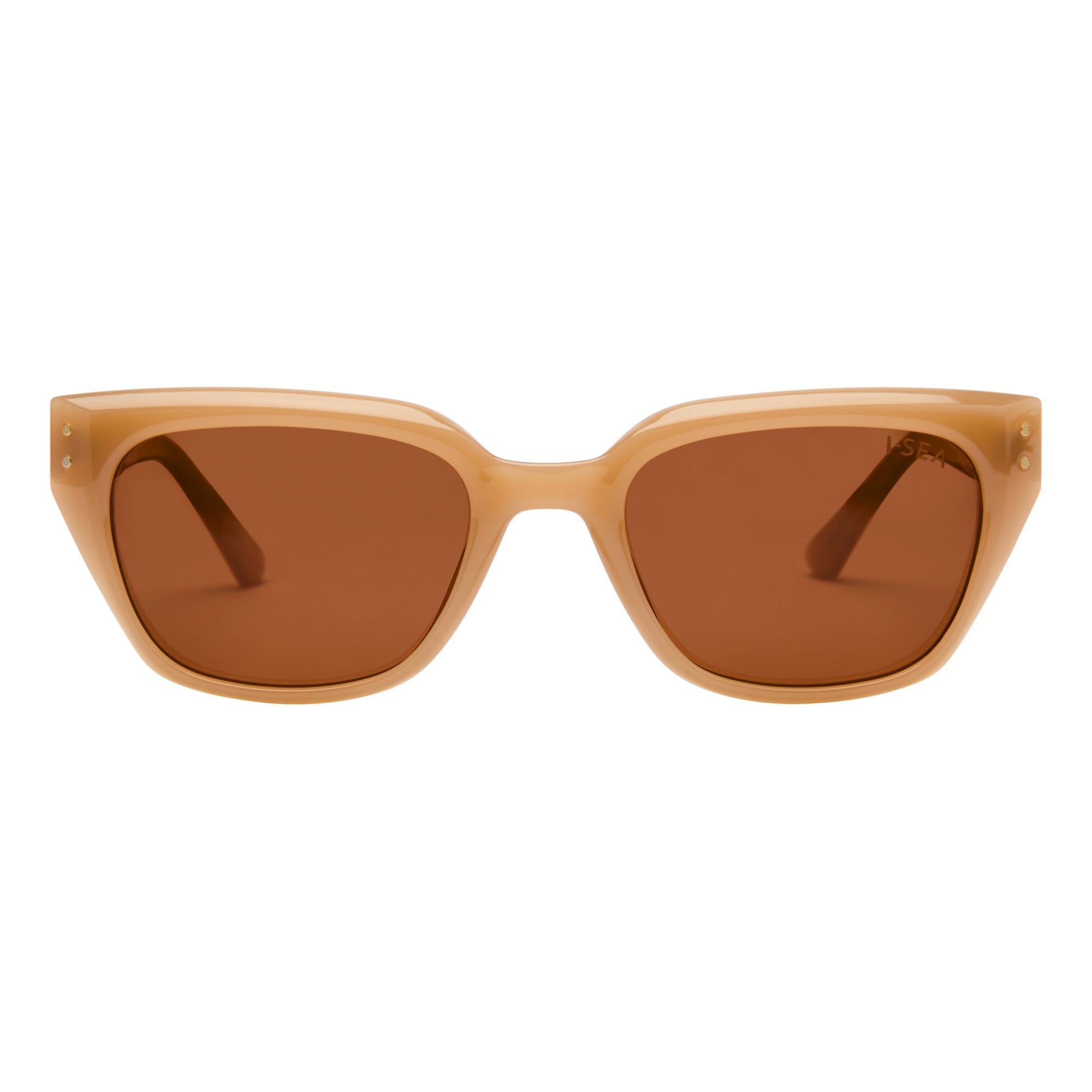 Brown sunglasses with a clear frame on a white background.
VANILLA / BROWN POLARIZED LENS