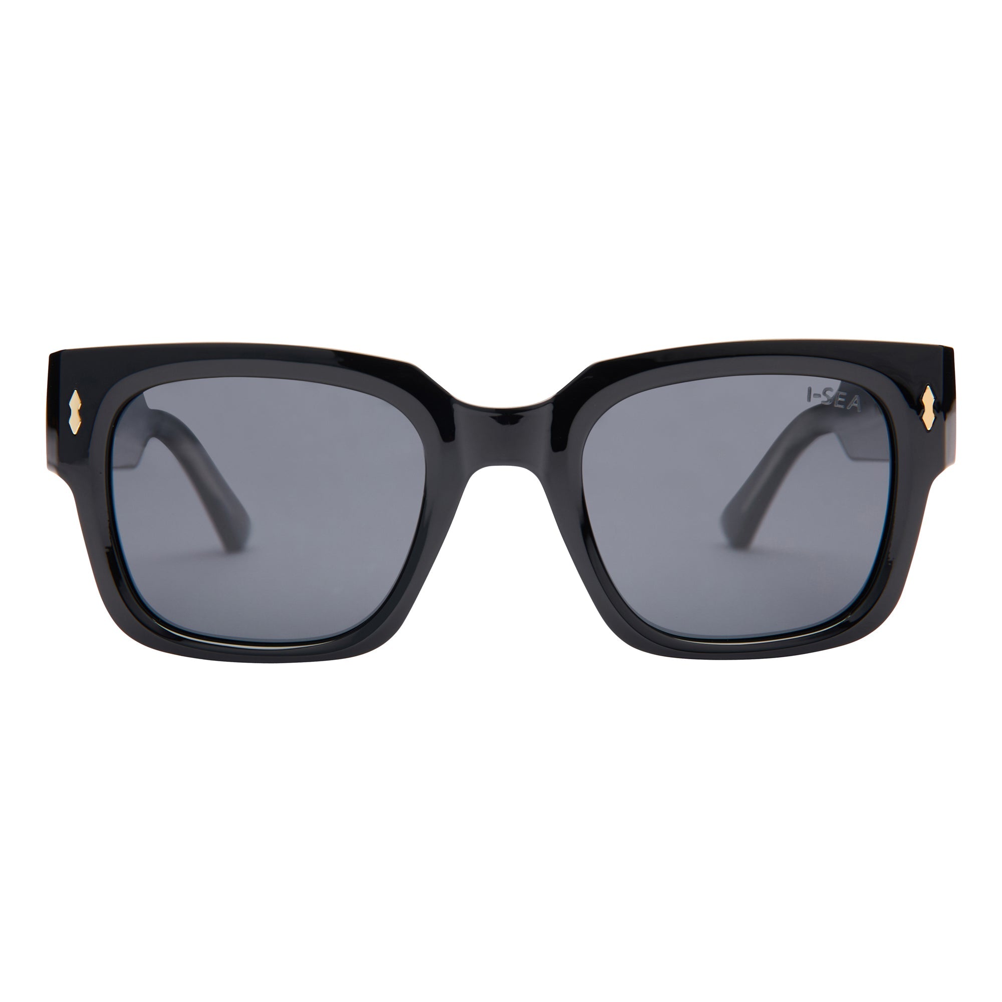 Black sunglasses with gold accents on a white background.
BLACK / SMOKE POLARIZED LENS