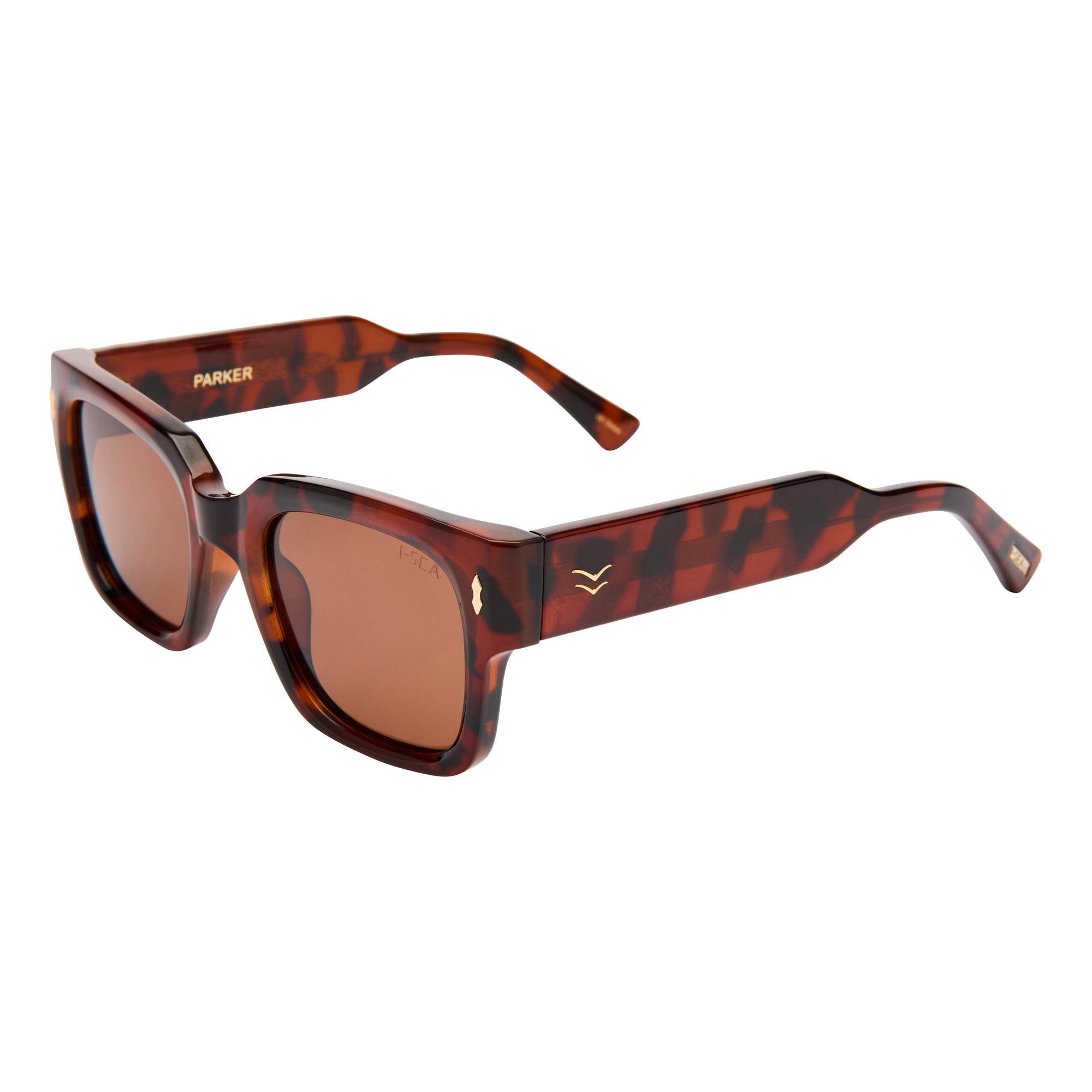 Sunglasses with tortoiseshell frame and brown lenses on a white background.
TORT / BROWN POLARIZED LENS