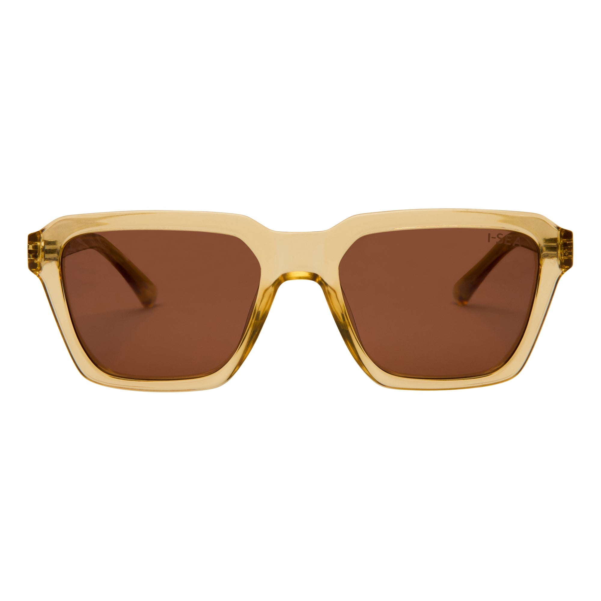 Sunglasses with gold frame and brown lenses on a white background.
ANTIQUE / BROWN POLARIZED LENS