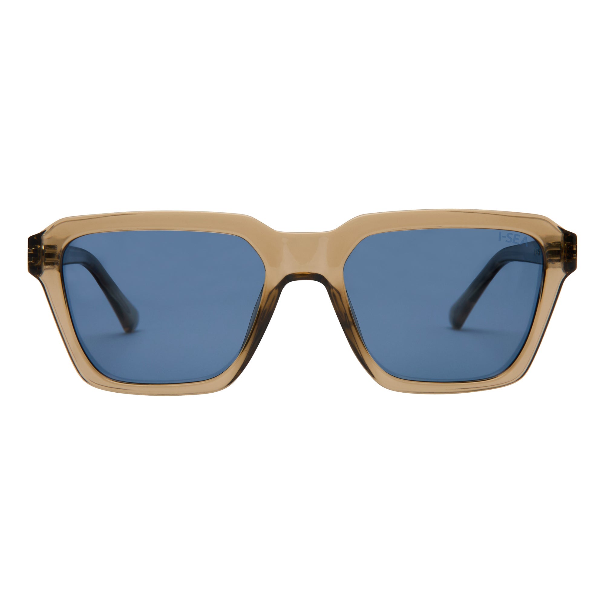 Sunglasses with blue lenses and brown frame on a white background.
TAUPE / NAVY POLARIZED LENS