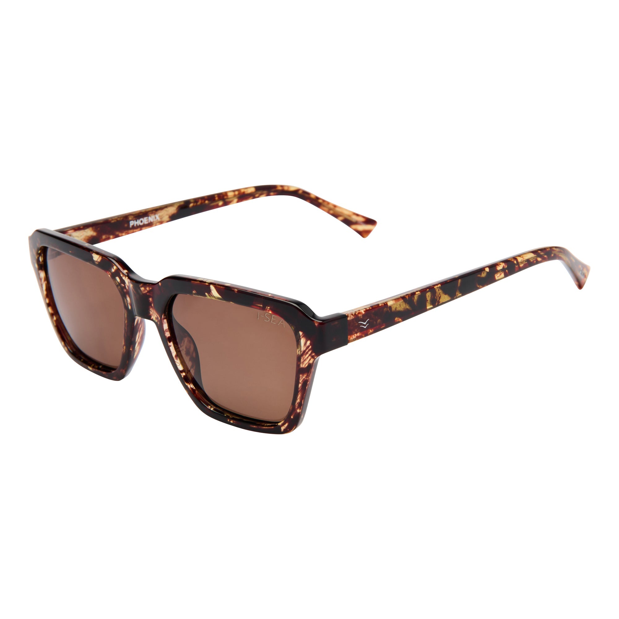 Sunglasses with tortoiseshell frame and brown lenses on a white background.
TORT / PLUM POLARIZED LENS