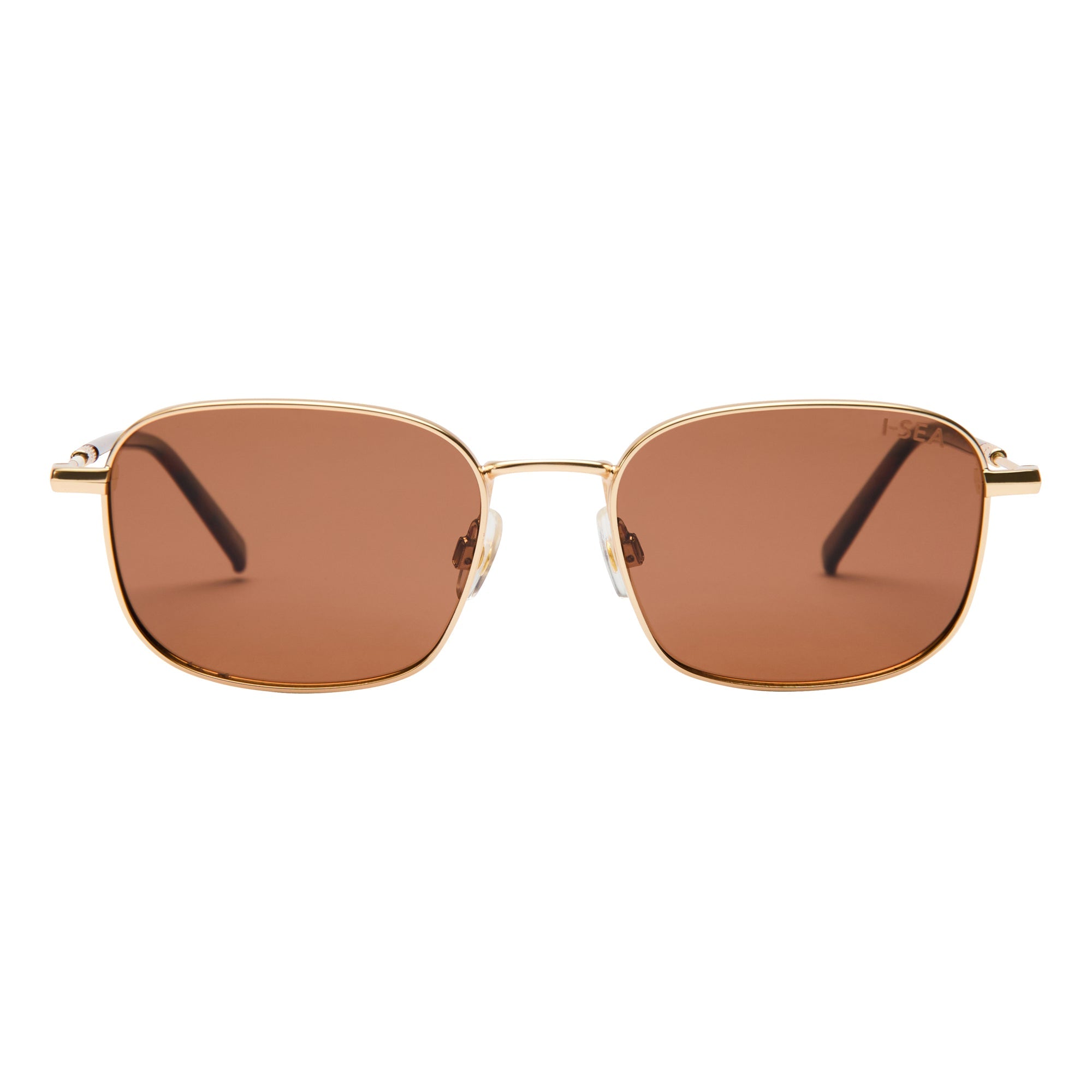 Gold-framed sunglasses with brown lenses on a white background.
GOLD / BROWN POLARIZED LENS