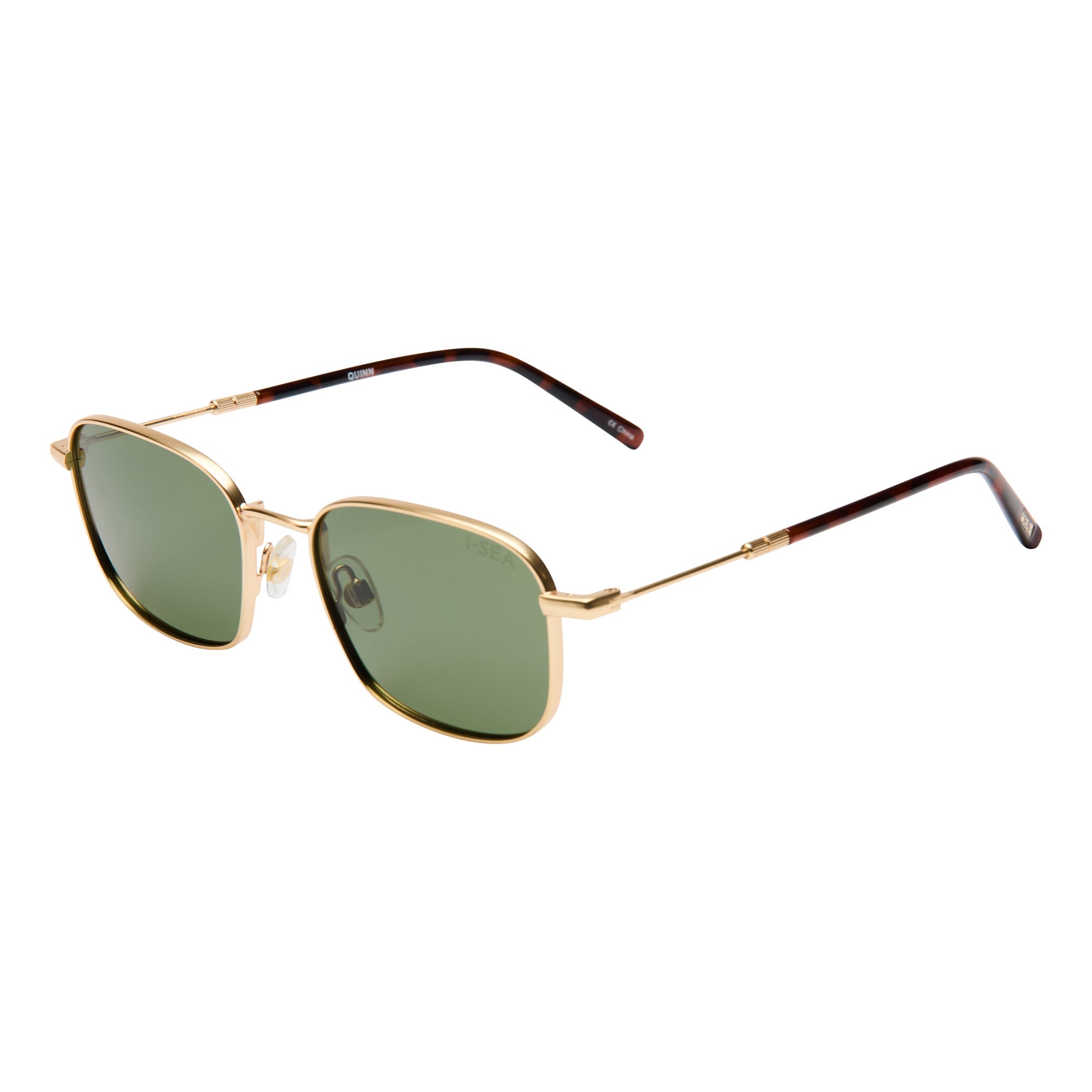 Round sunglasses with black lenses and silver frame on a white background.
GOLD / GREEN POLARIZED LENS