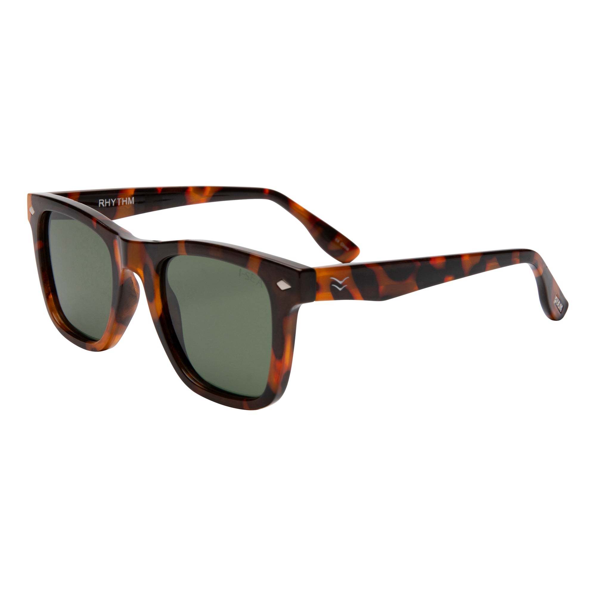 Sunglasses with dark green lenses and tortoiseshell frame on a light gray background.
TORT / GREEN POLARIZED LENS